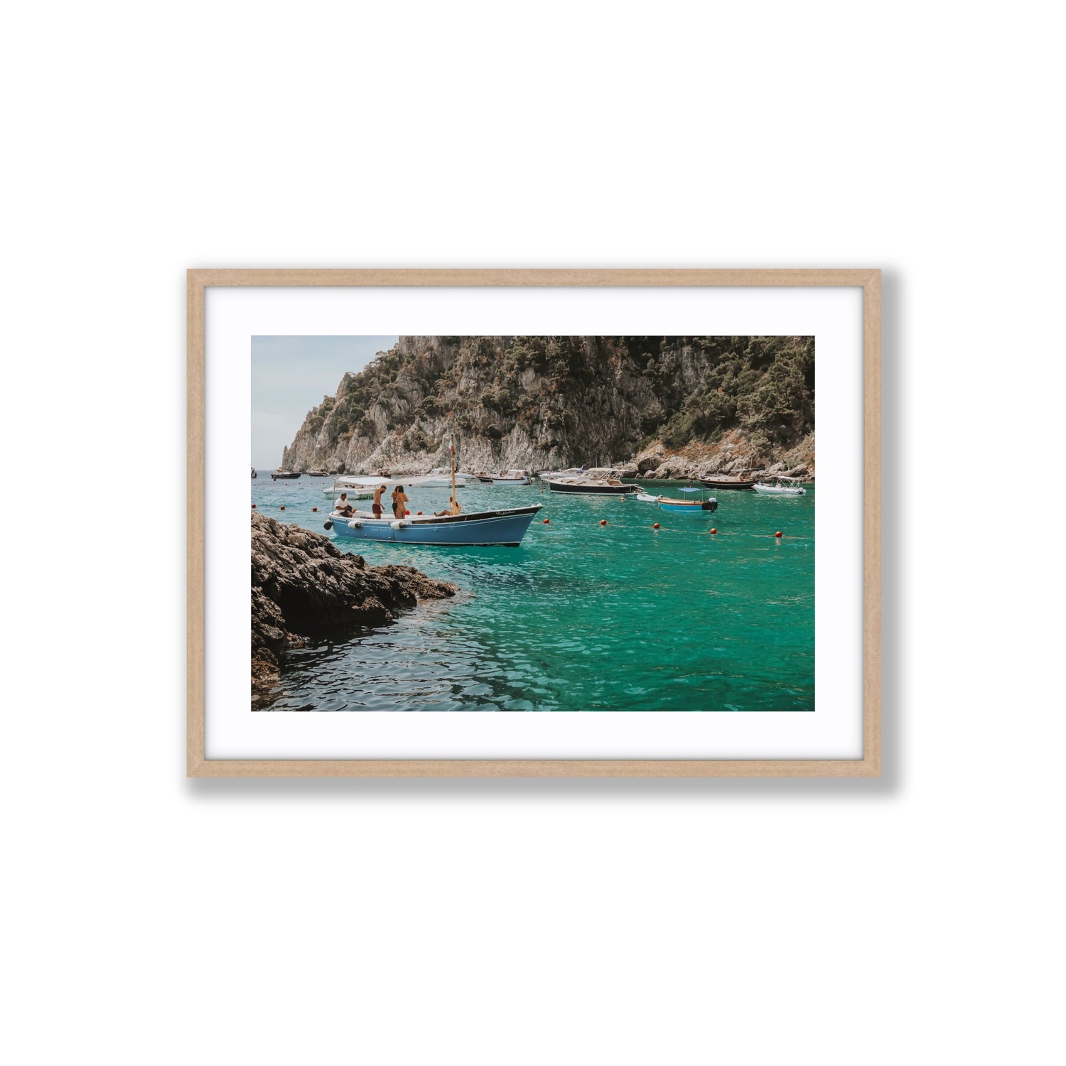 Cozy Cove Capri coastal Mediterranean wall art Large fine art print in natural oak frame with matboard