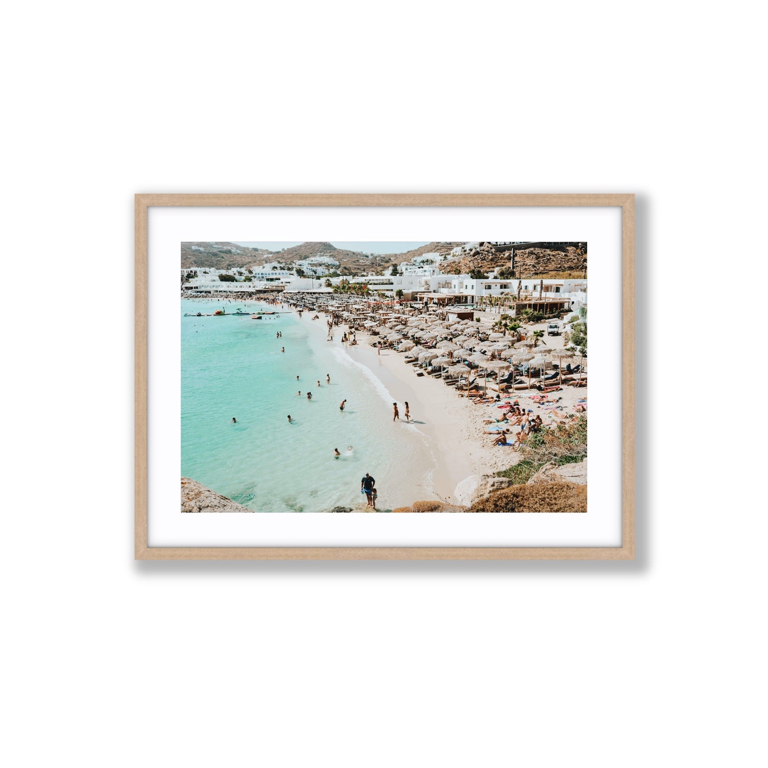 Aquaholic Mykonos Greek island wall art Large fine art print in natural oak frame with matboard