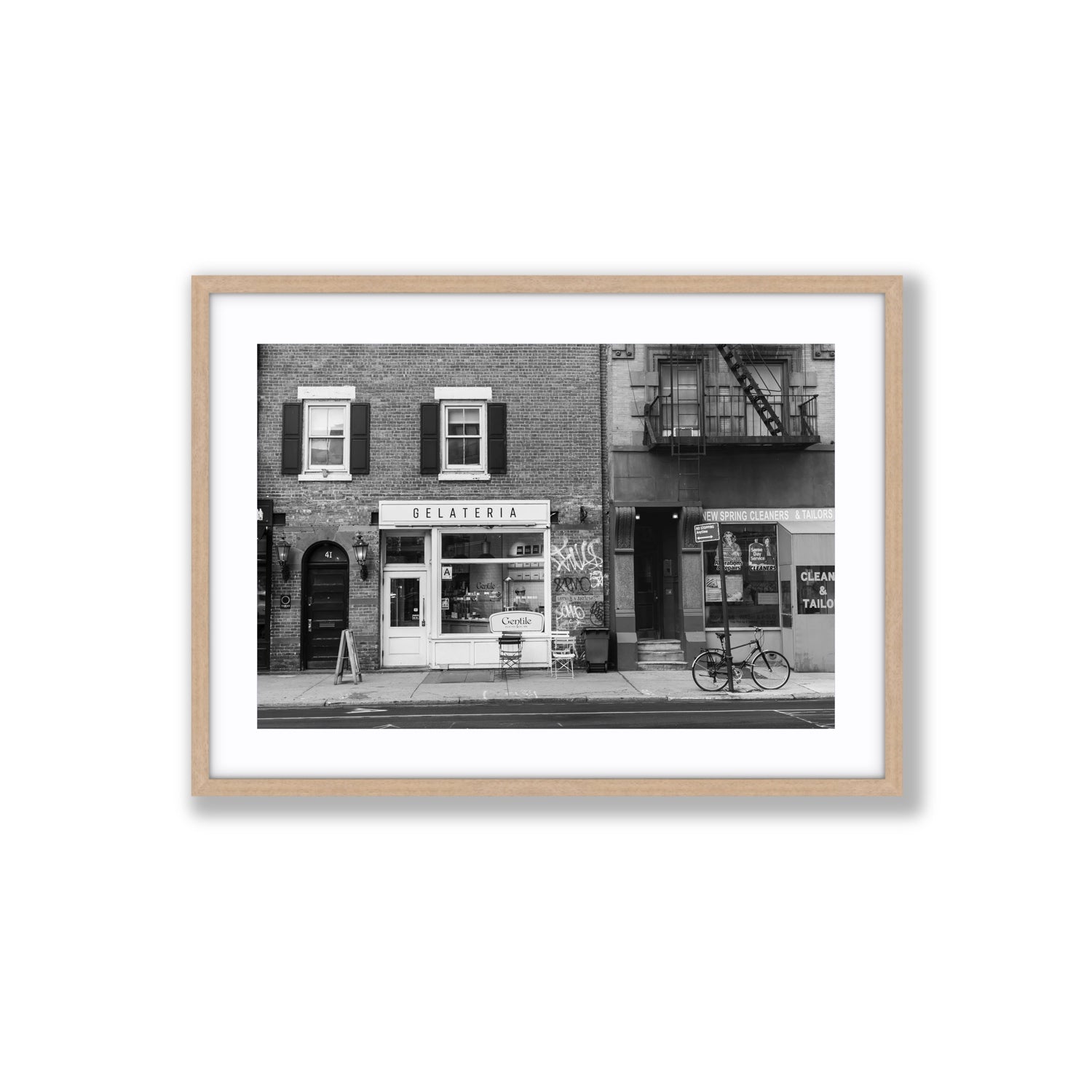 West Village Dolcezza New York NYC Black & White wall art Large fine art print in natural oak frame with matboard