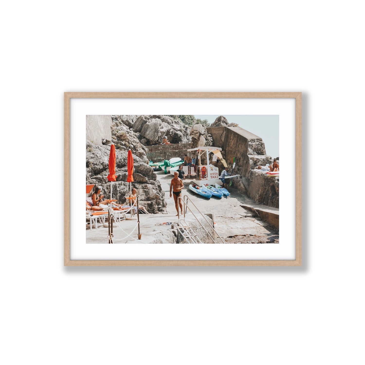 The Local Praiano Amalfi Coast Mediterranean wall art Large fine art print in natural oak frame with matboard
