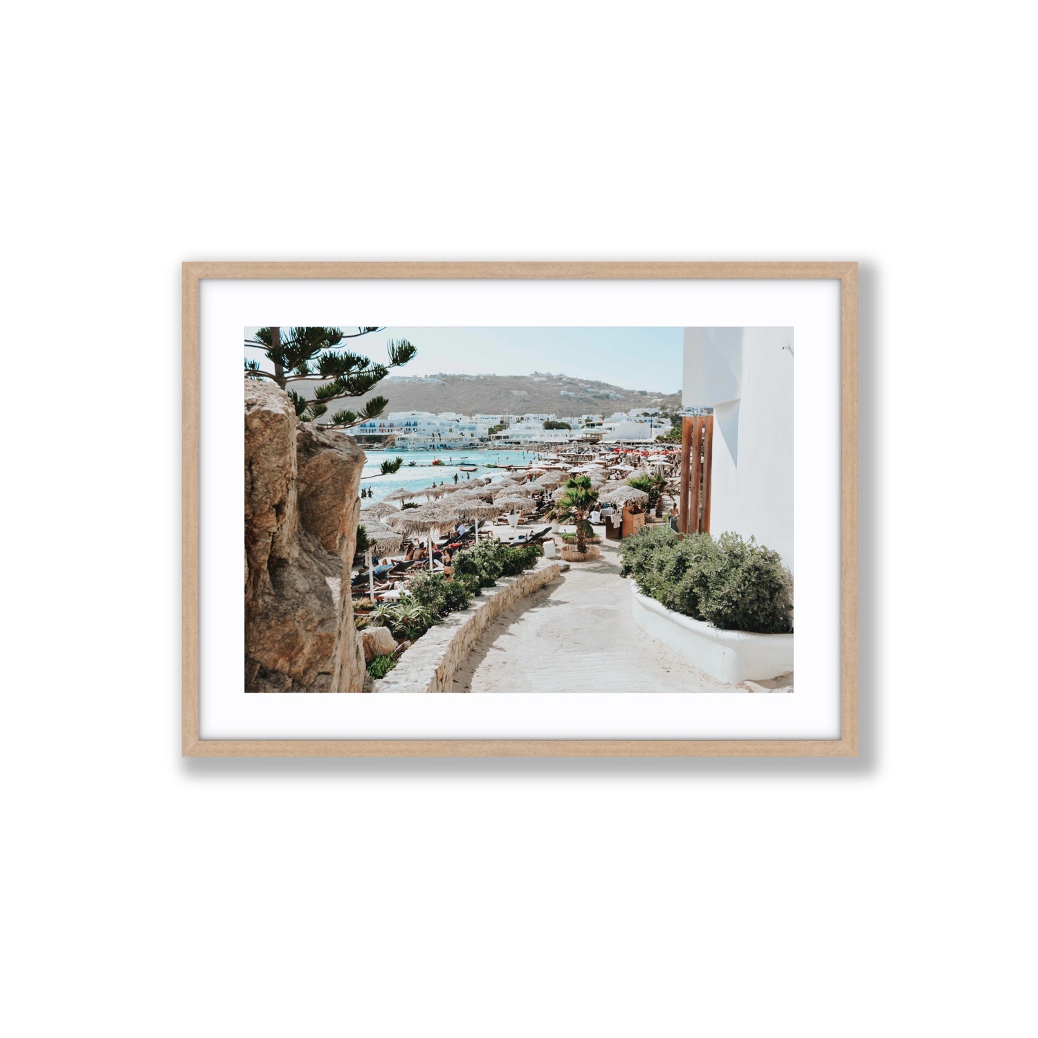 Kalimera Mykonos Greek island wall art Large fine art print in natural oak frame with matboard