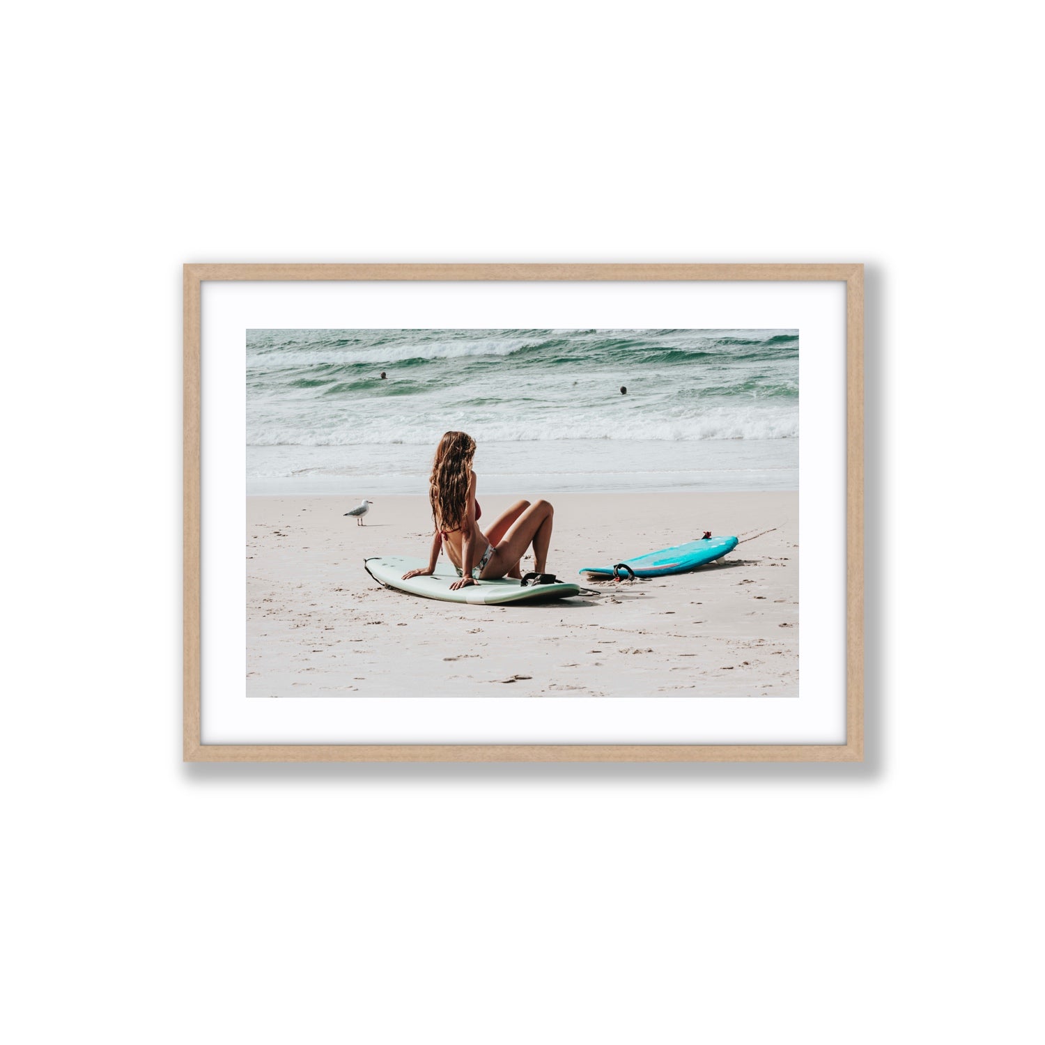 Ciao Bella Byron Bay Surf coastal wall art Large fine art print in natural oak frame with matboard