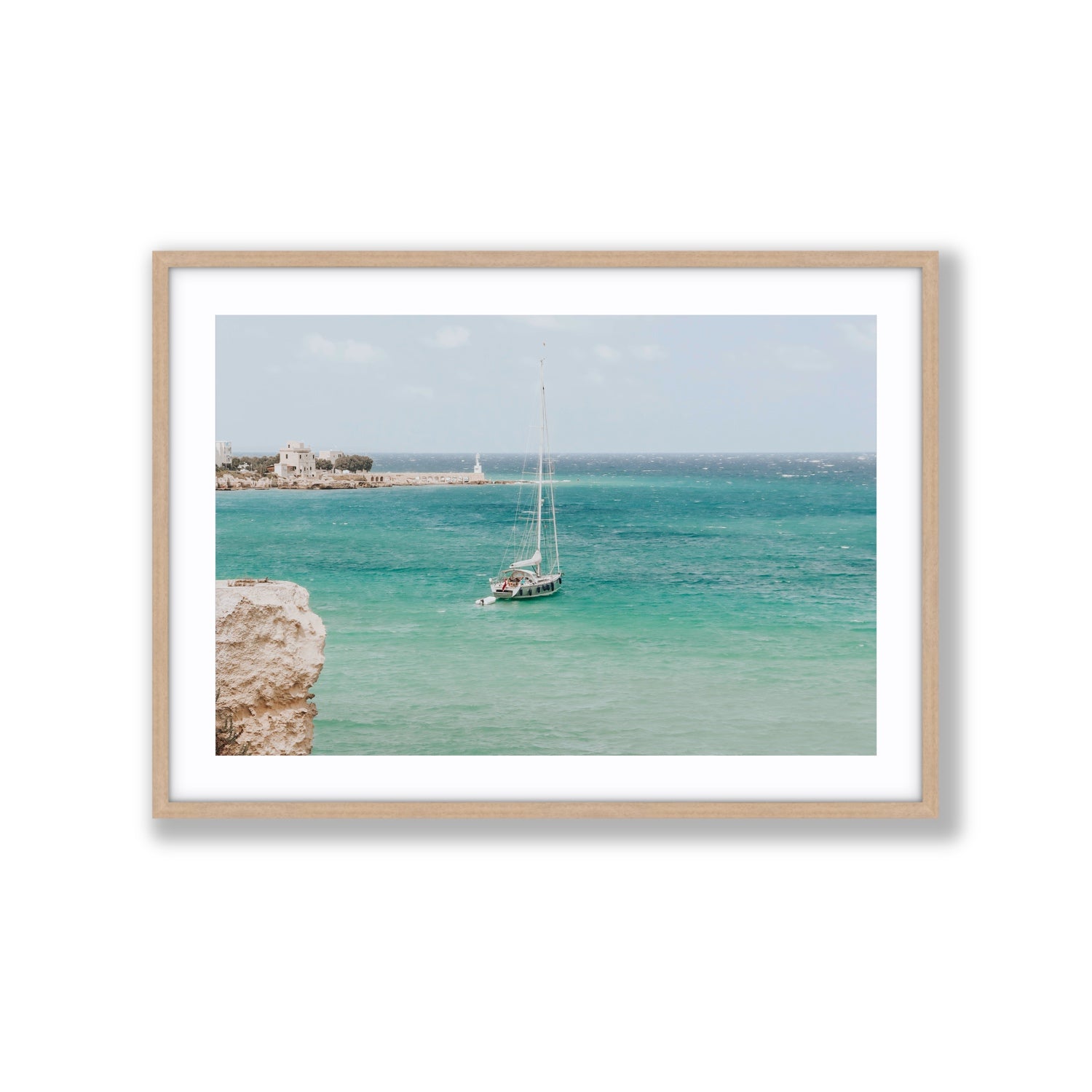 Adriatic Escape Puglia Italian coastal decor wall art Extra Large fine art print in natural oak frame with matboard
