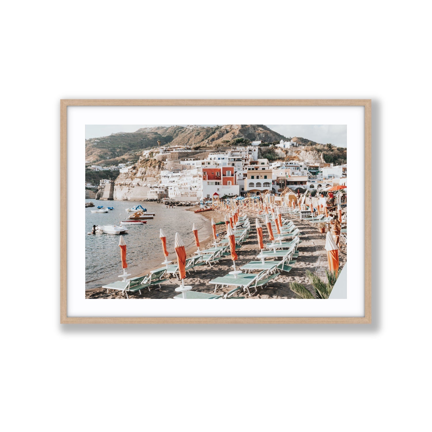 Sole Estivo Ischia Italian coastal wall art Extra Large fine art print in natural oak frame with matboard