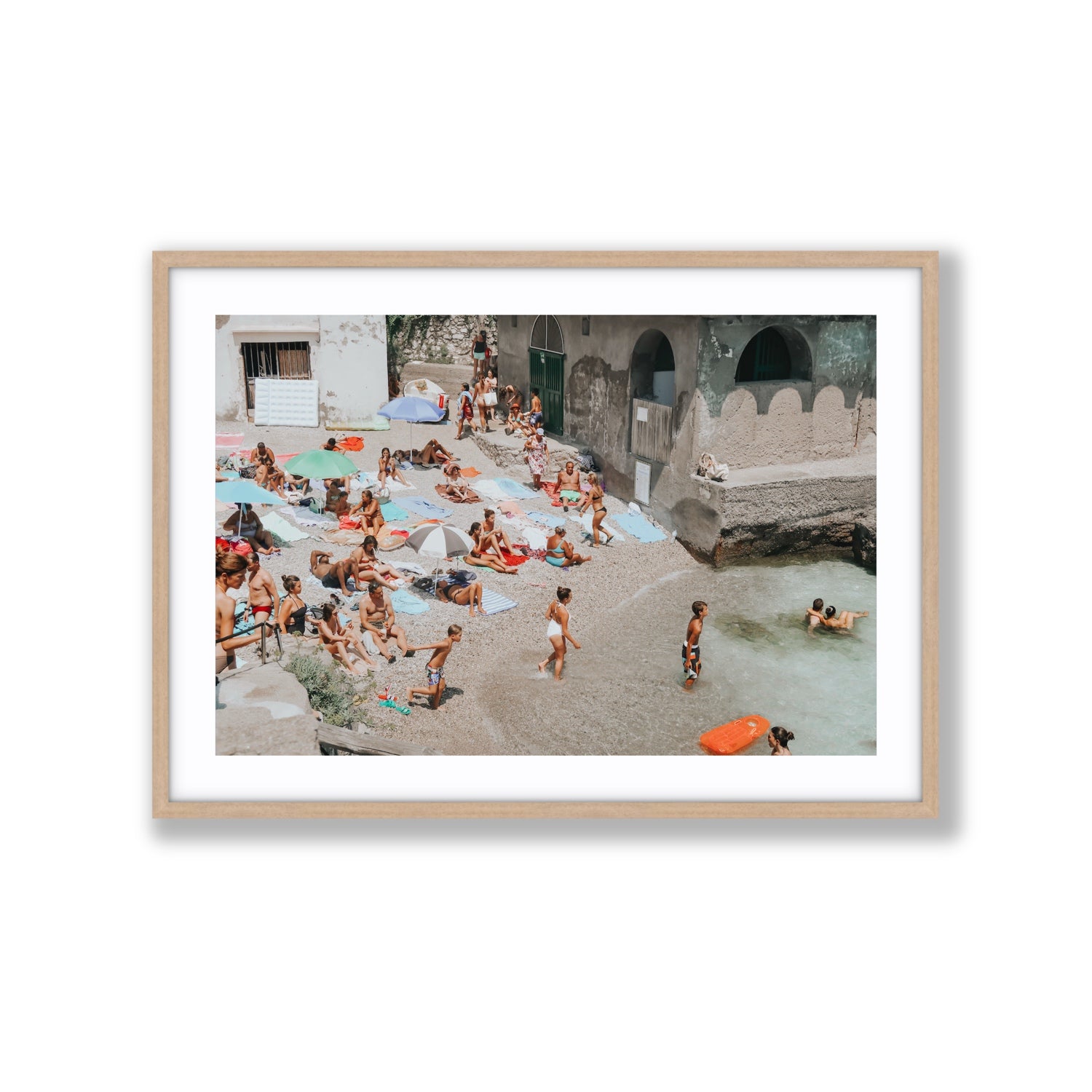Heatwave Capri beach coastal wall art Extra Large fine art print in natural oak frame with matboard