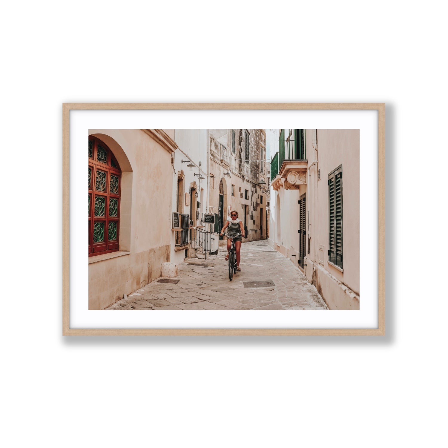 La Donna In Bicicletta Puglia Wall Italian fine art print Extra Large fine art print in natural oak frame with matboard