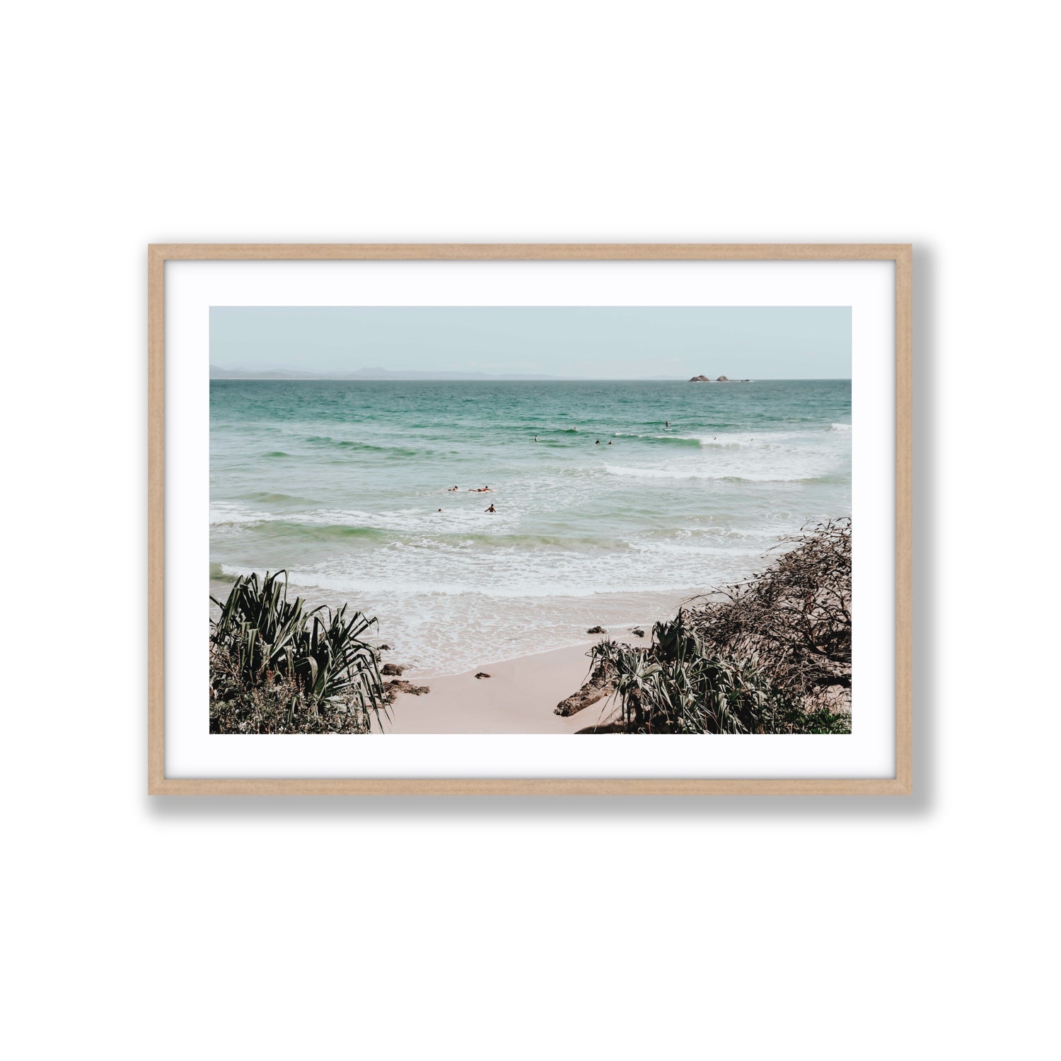 Surf City Byron Bay Surf coastal wall art Extra Large fine art print in natural oak frame with matboard
