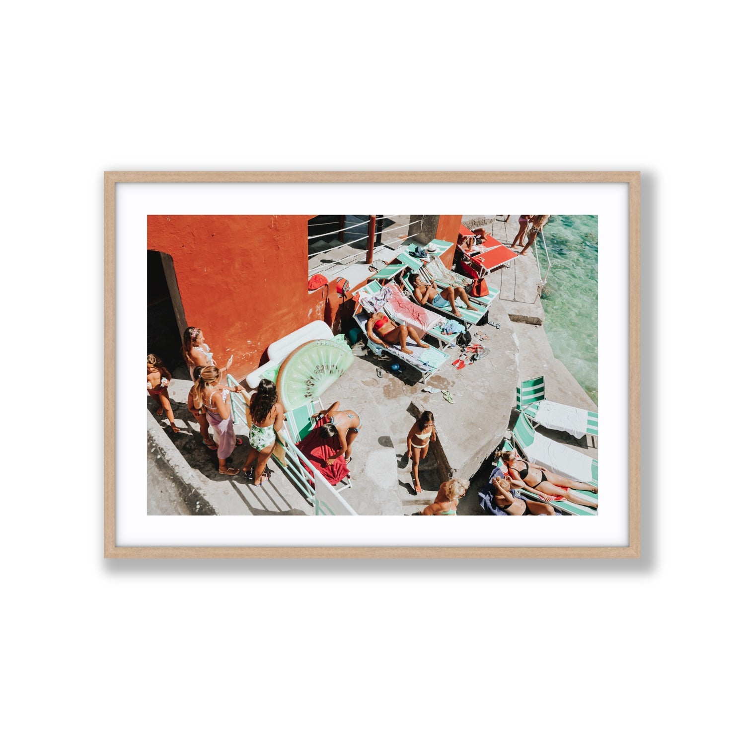Italianita Capri beach Mediterranean wall art Extra Large fine art print in natural oak frame with matboard
