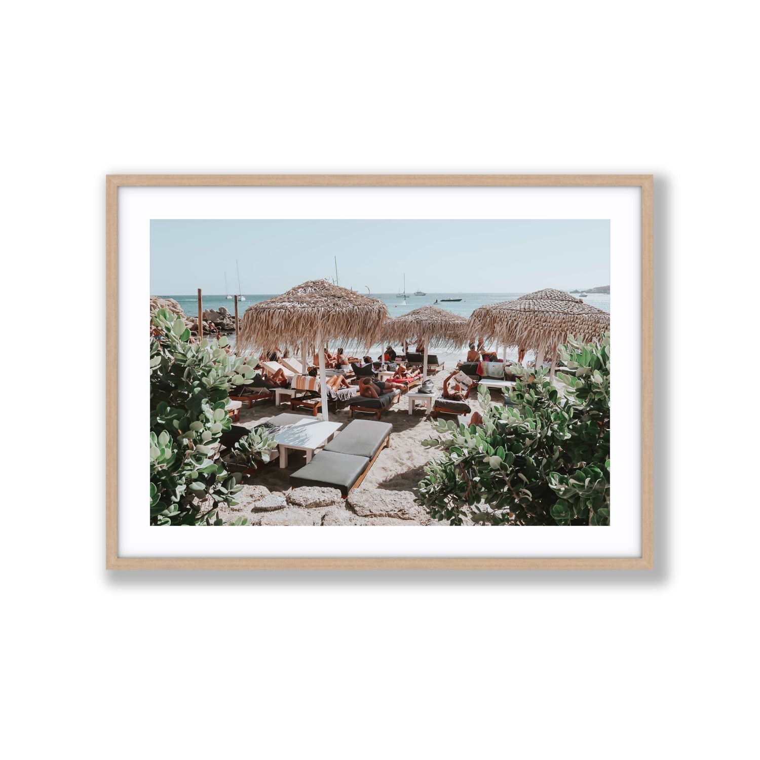 Greek Haven Mykonos Greek island coastal wall art Extra Large fine art print in natural oak frame with matboard