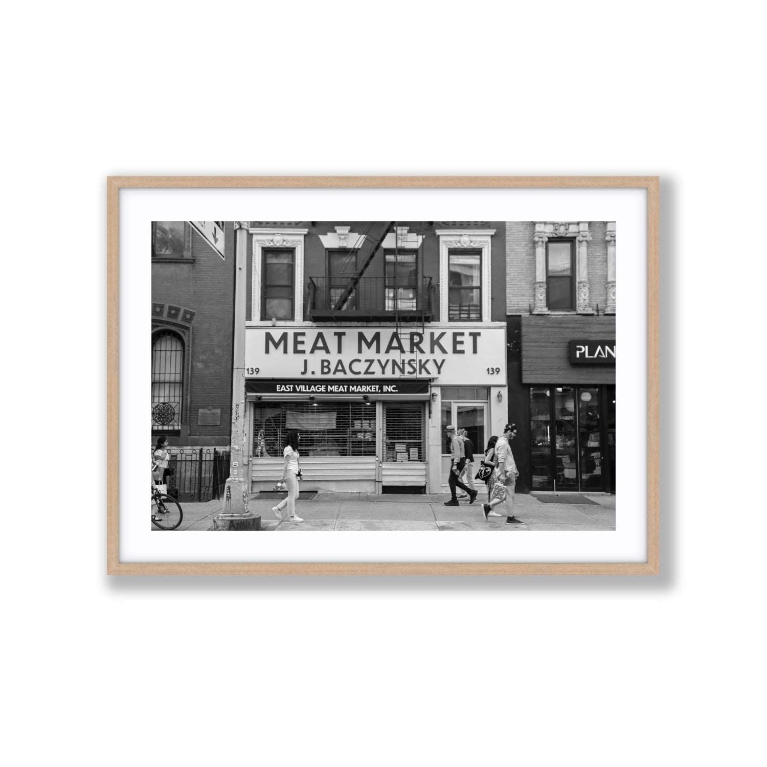 Meat District New York NYC Black & White wall art Extra Large fine art print in natural oak frame with matboard