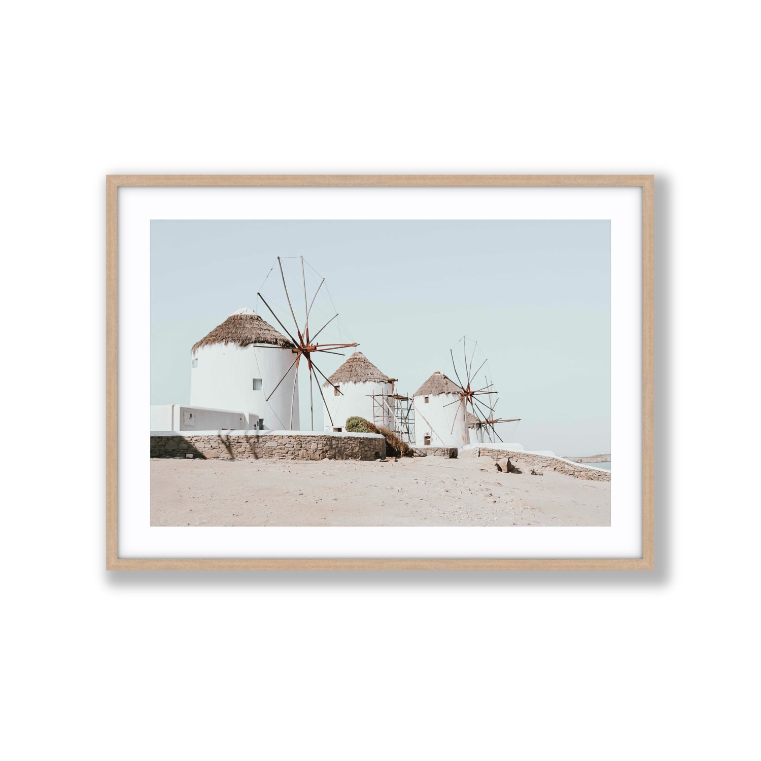 Rustic Icons Mykonos Greek island wall art Extra Large fine art print in natural oak frame with matboard