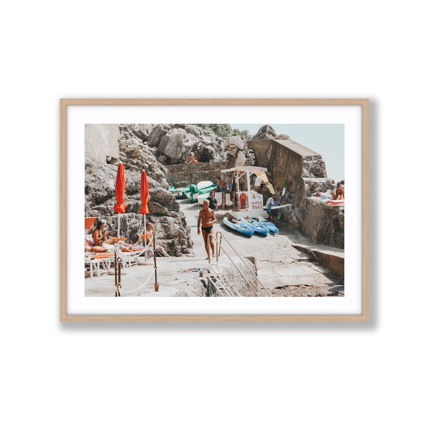 The Local Praiano Amalfi Coast Mediterranean wall art Extra Large fine art print in natural oak frame with matboard
