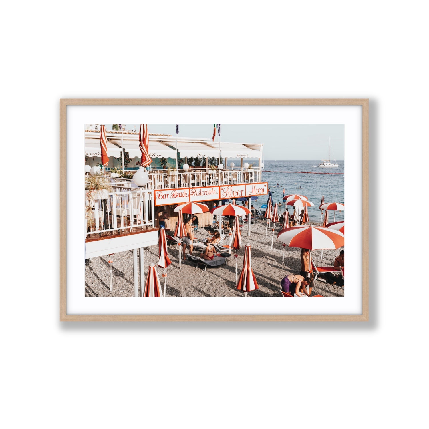 Silver Moon Amalfi Mediterranean wall art Extra Large fine art print in natural oak frame with matboard