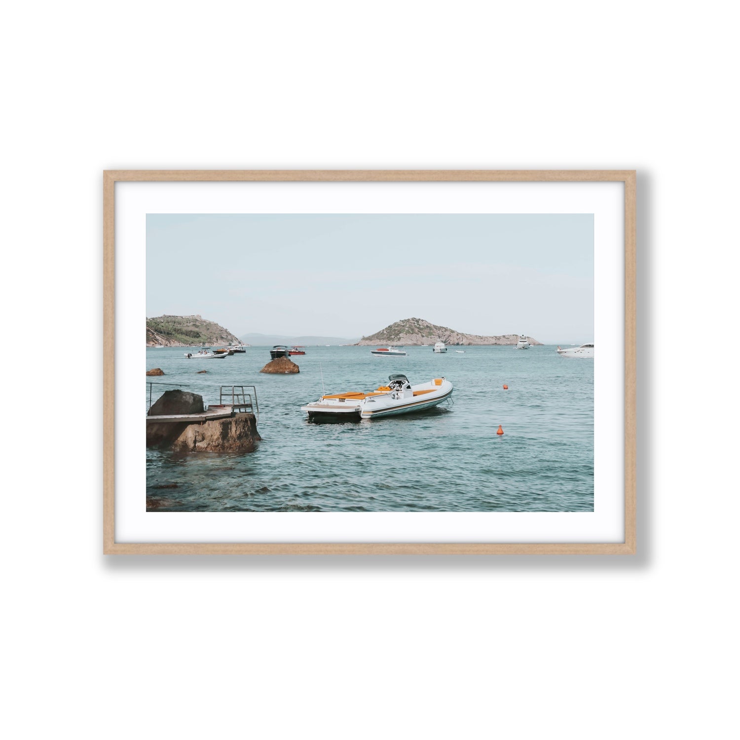 The Azure Sea Tuscany coastal Italian wall art Extra Large fine art print in natural oak frame with matboard