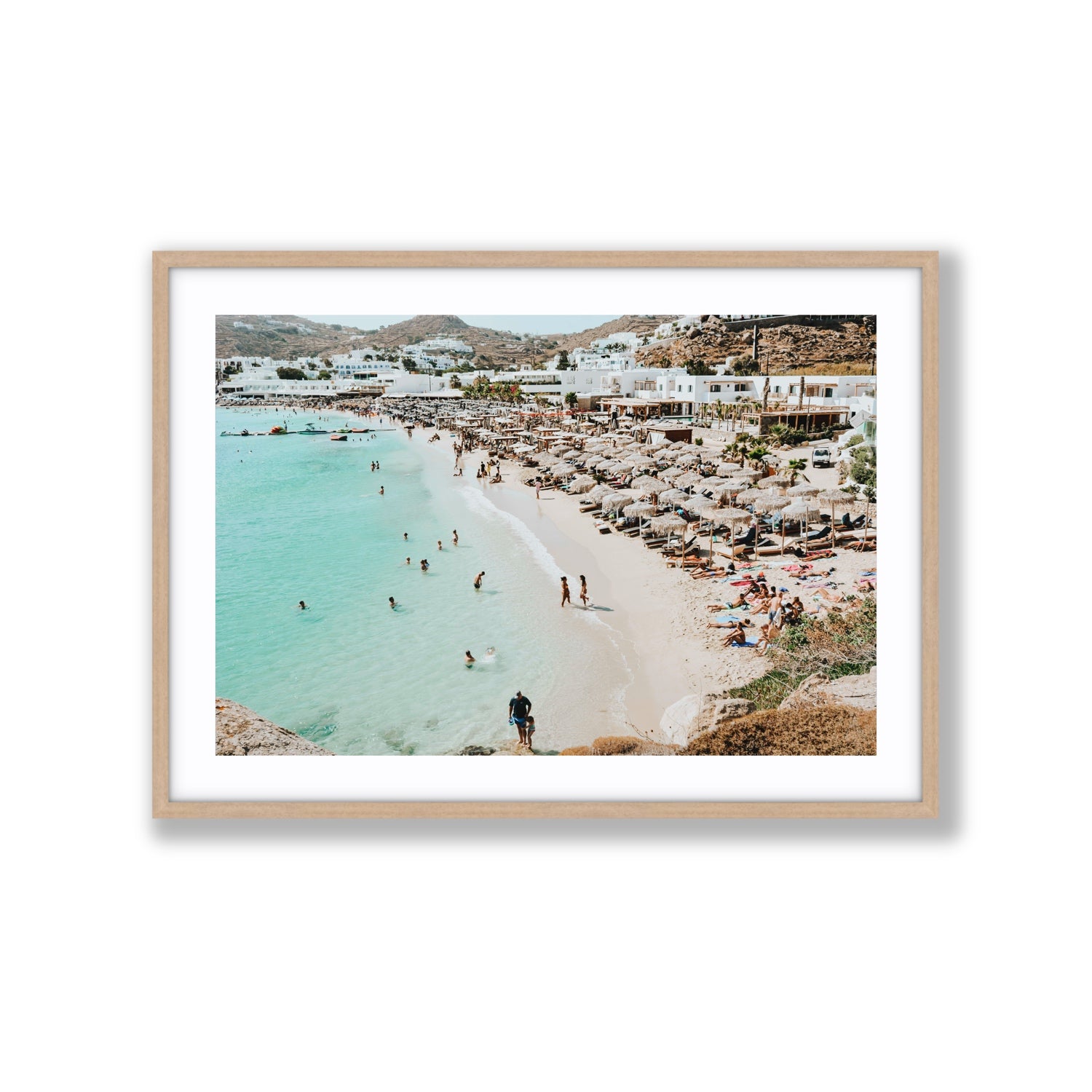 Aquaholic Mykonos Greek island wall art Extra Large fine art print in natural oak frame with matboard