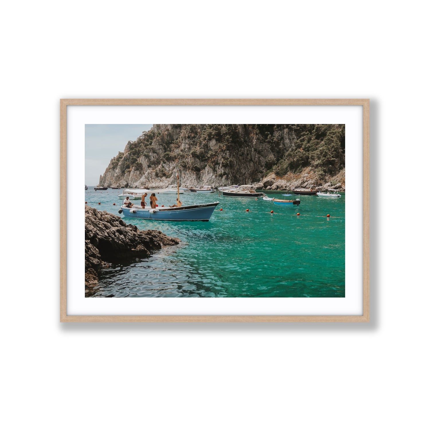 Cozy Cove Capri coastal Mediterranean wall art Extra Large fine art print in natural oak frame with matboard