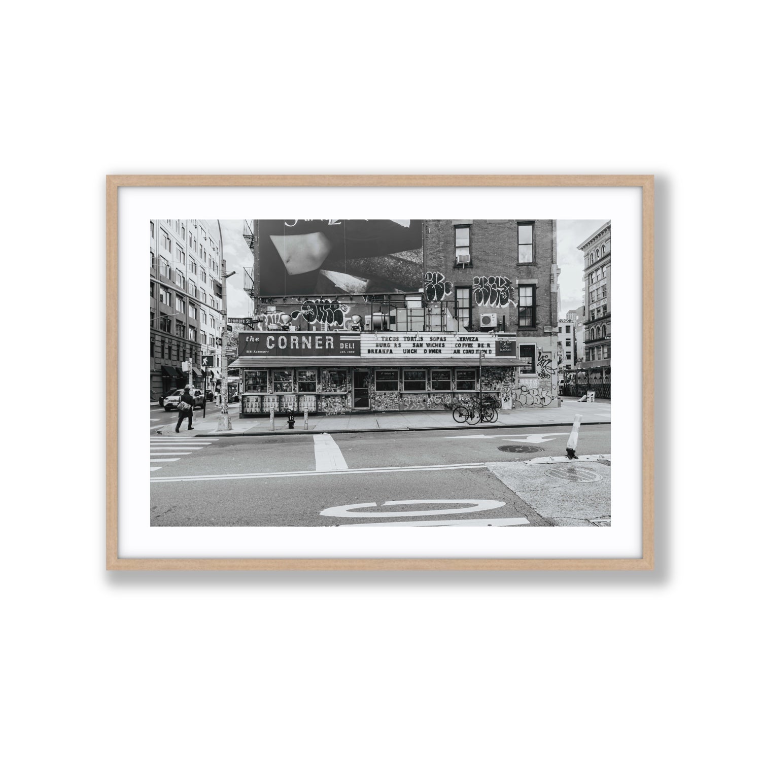 Kenmare Street New York NYC Black & White wall art Extra Large fine art print in natural oak frame with matboard