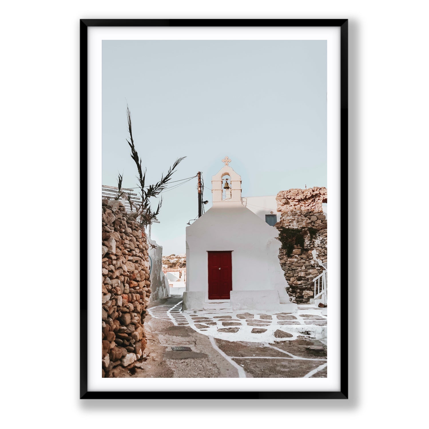 Little Chapel Mykonos Greek island wall art Statement fine art print in black frame with matboard