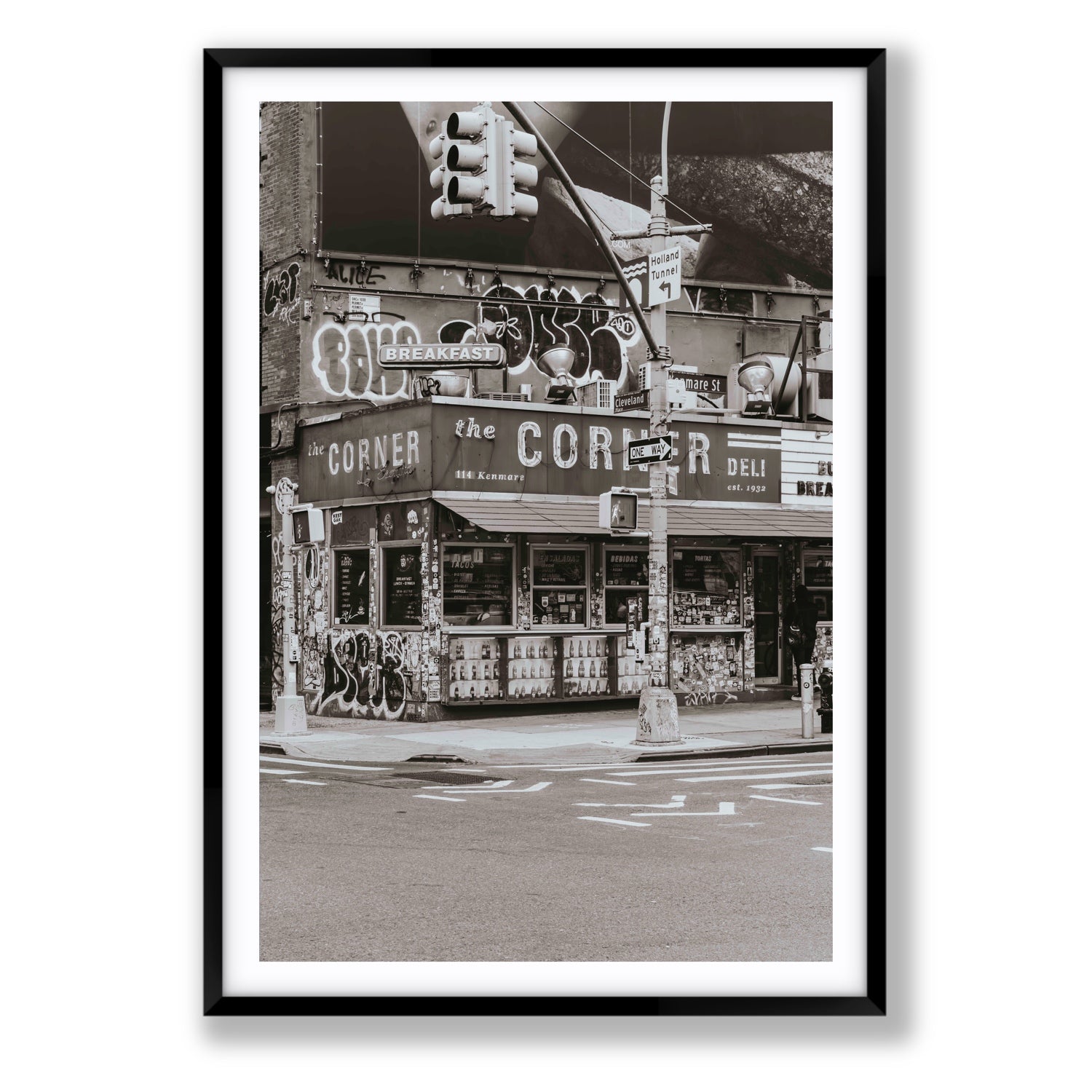 Soho Deli New York NYC Black & White wall art Statement fine art print in black frame with matboard
