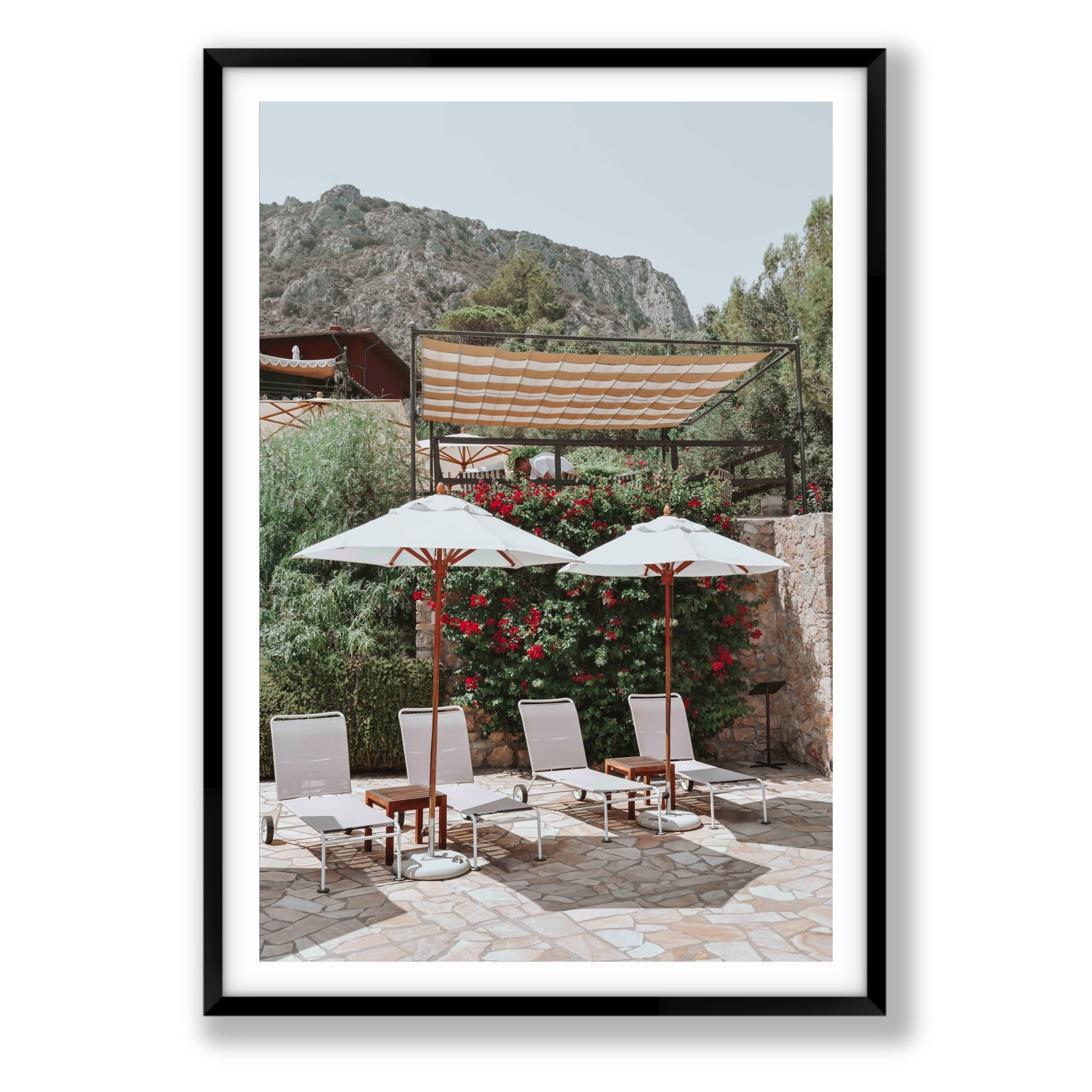 Shades of Leisure Tuscany coastal Italian wall art Statement fine art print in black frame with matboard