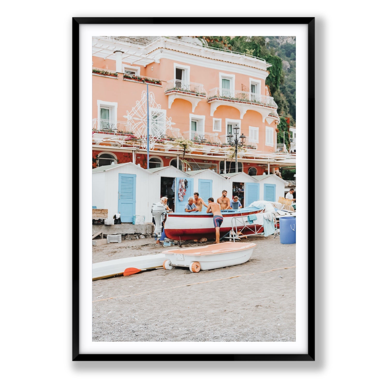 La Riunione della Mattina fine art print, Positano, Italy, Statement, Black Frame · Matboard, Fine Art Print