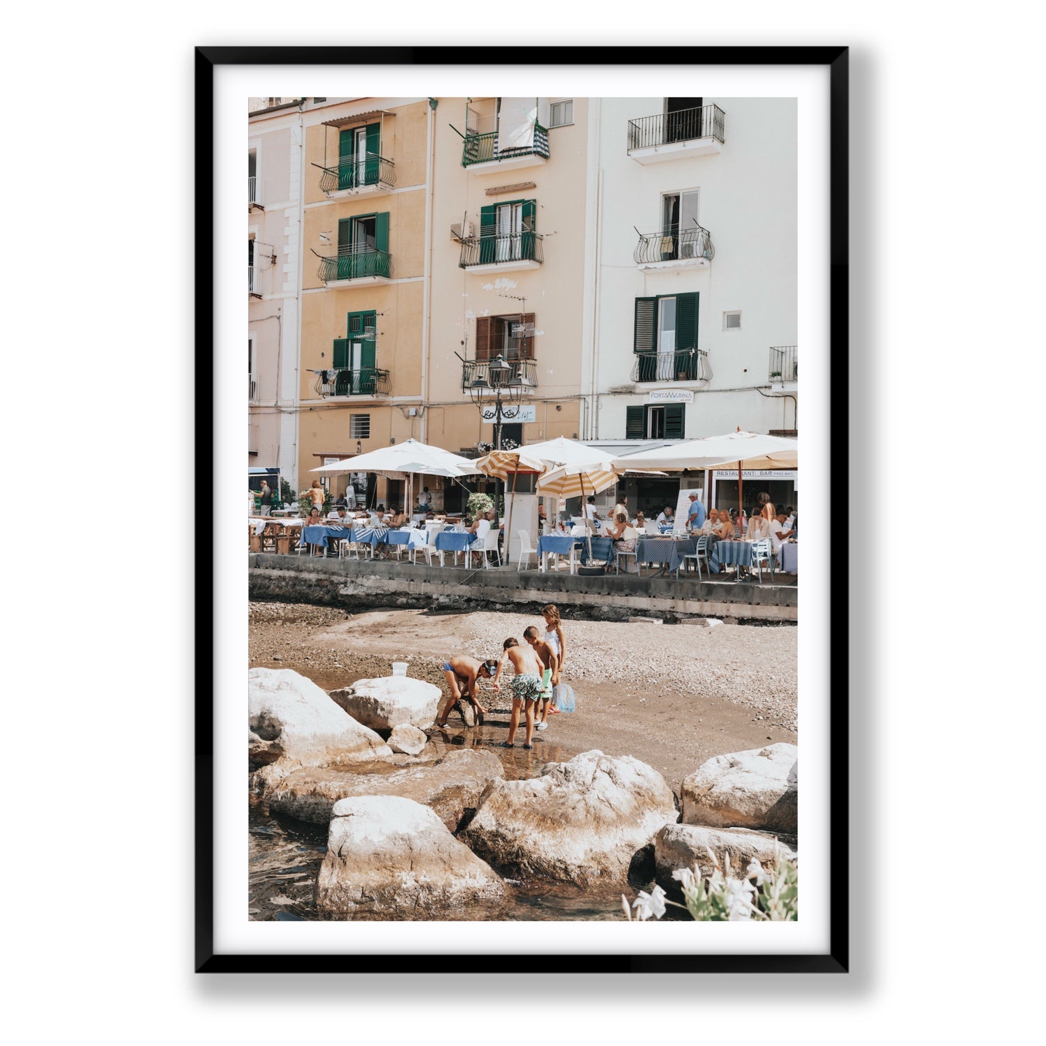 Sunny Playtime Sorrento coastal wall art Statement fine art print in black frame with matboard