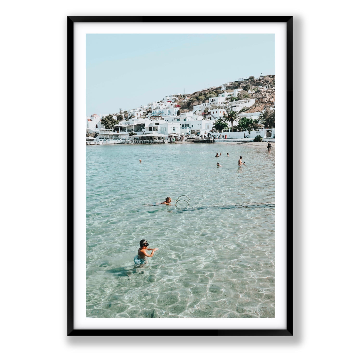 Beside The Seaside Mykonos beach Greek island wall art Statement fine art print in black frame with matboard