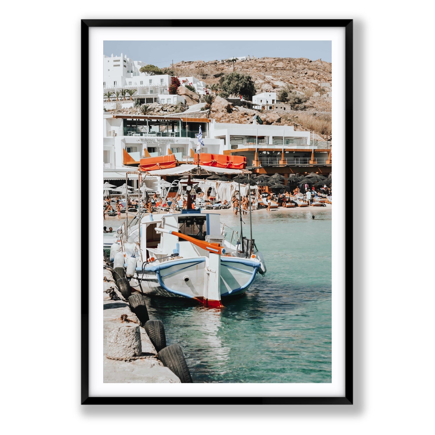 Travel In Style Mykonos Greek island wall art Statement fine art print in black frame with matboard