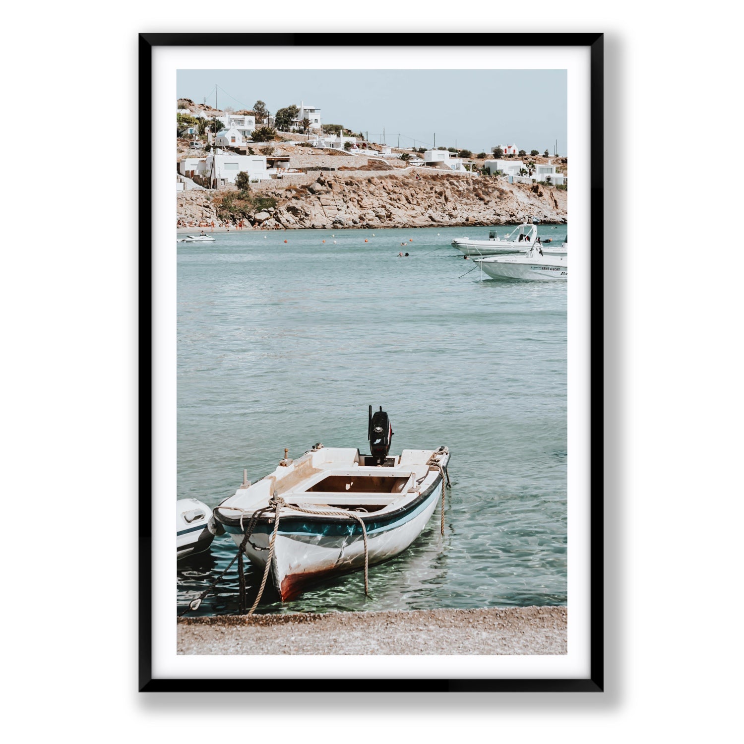 Classic Wheels Mykonos Greek island wall art Statement fine art print in black frame with matboard
