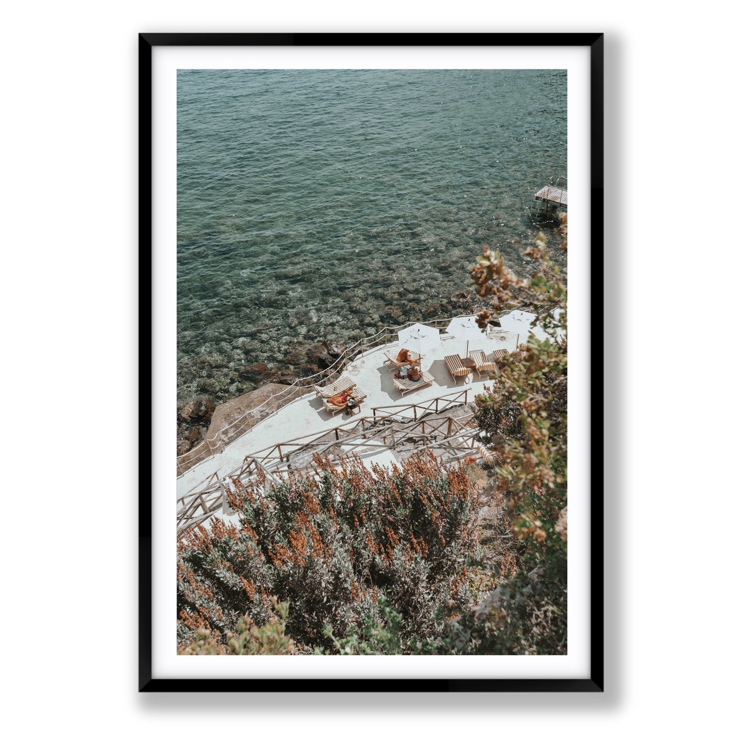 Hidden Gem Tuscany coastal wall art Statement fine art print in black frame with matboard