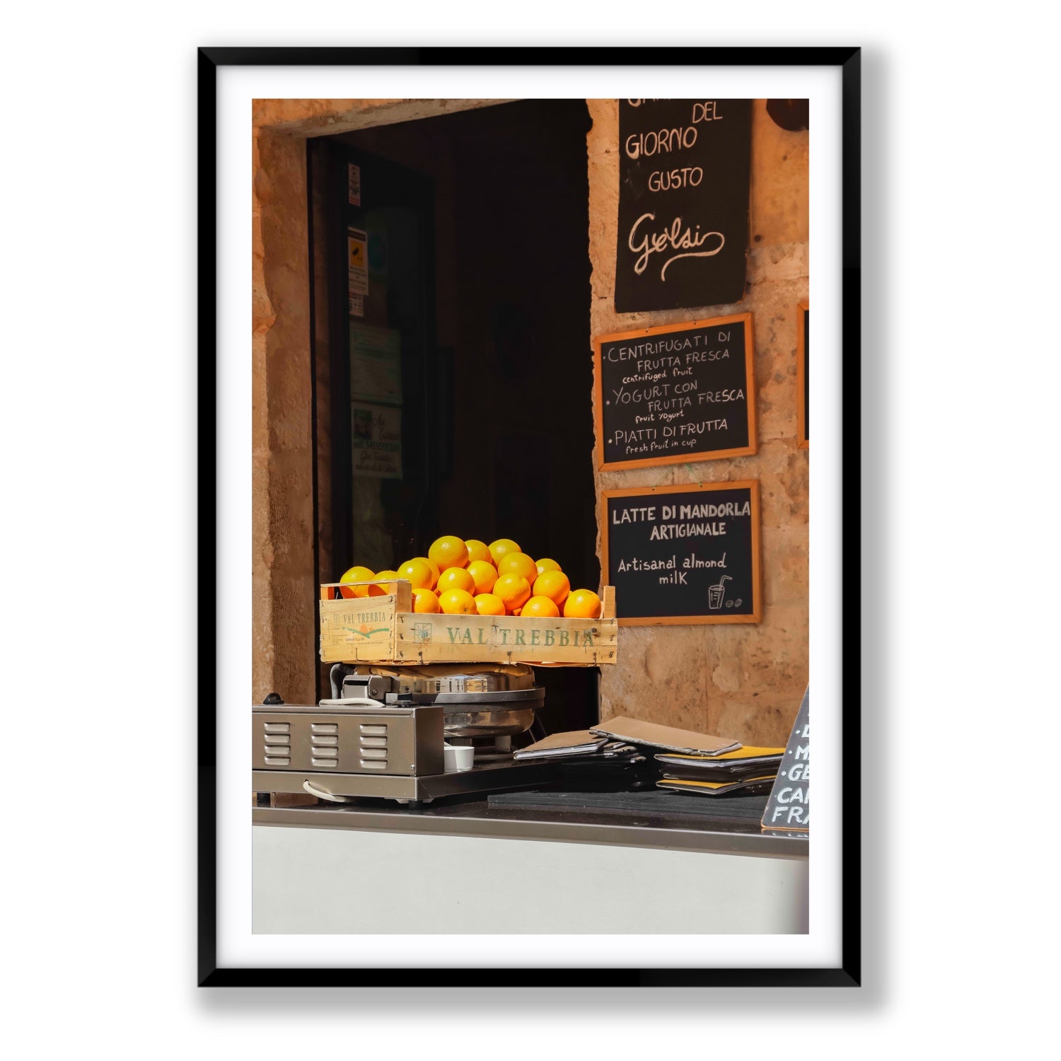 Luminous Citrus Puglia Ostuni Italian wall art Statement fine art print in black frame with matboard