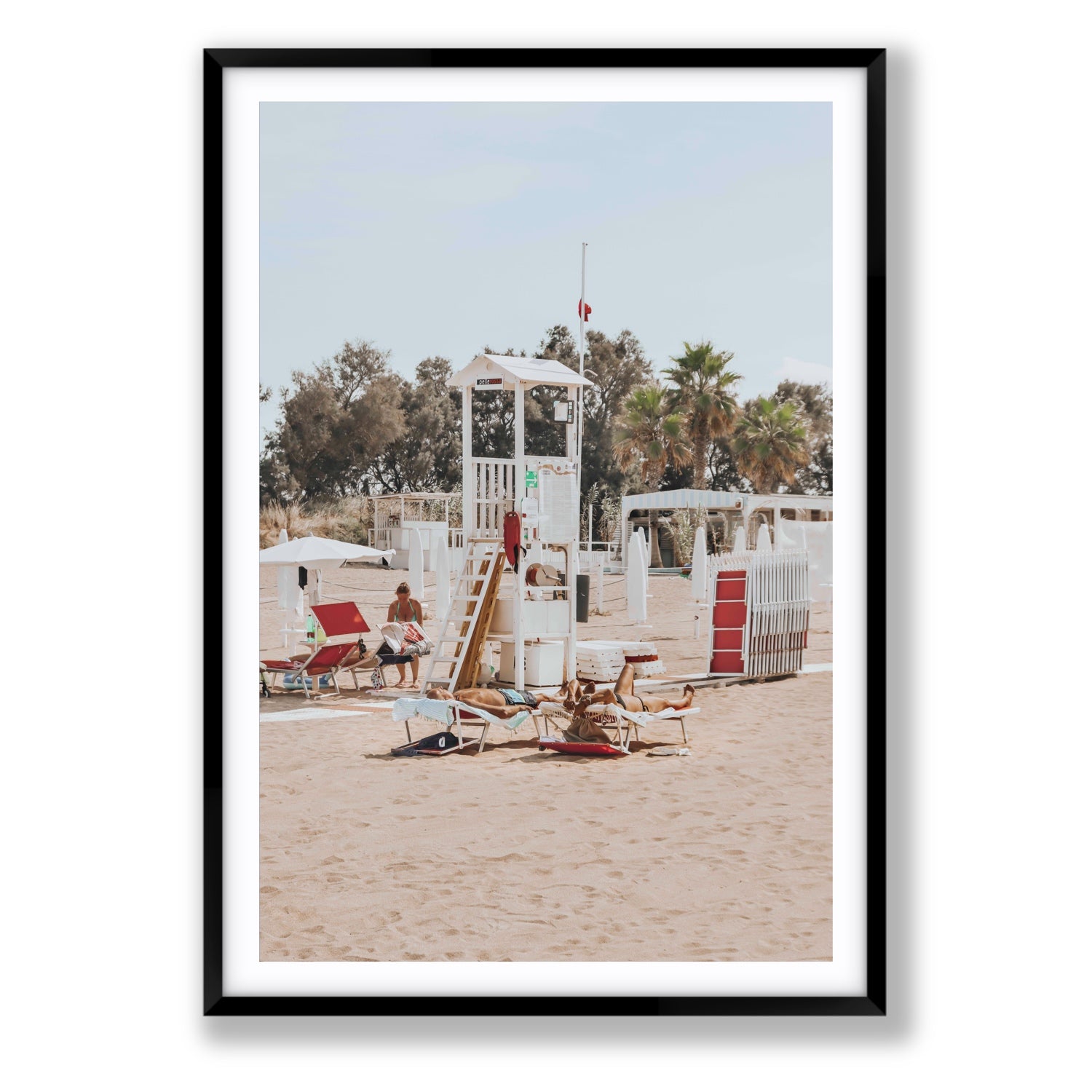 Red Lounge Reverie Puglia beach coastal wall art Statement fine art print in black frame with matboard
