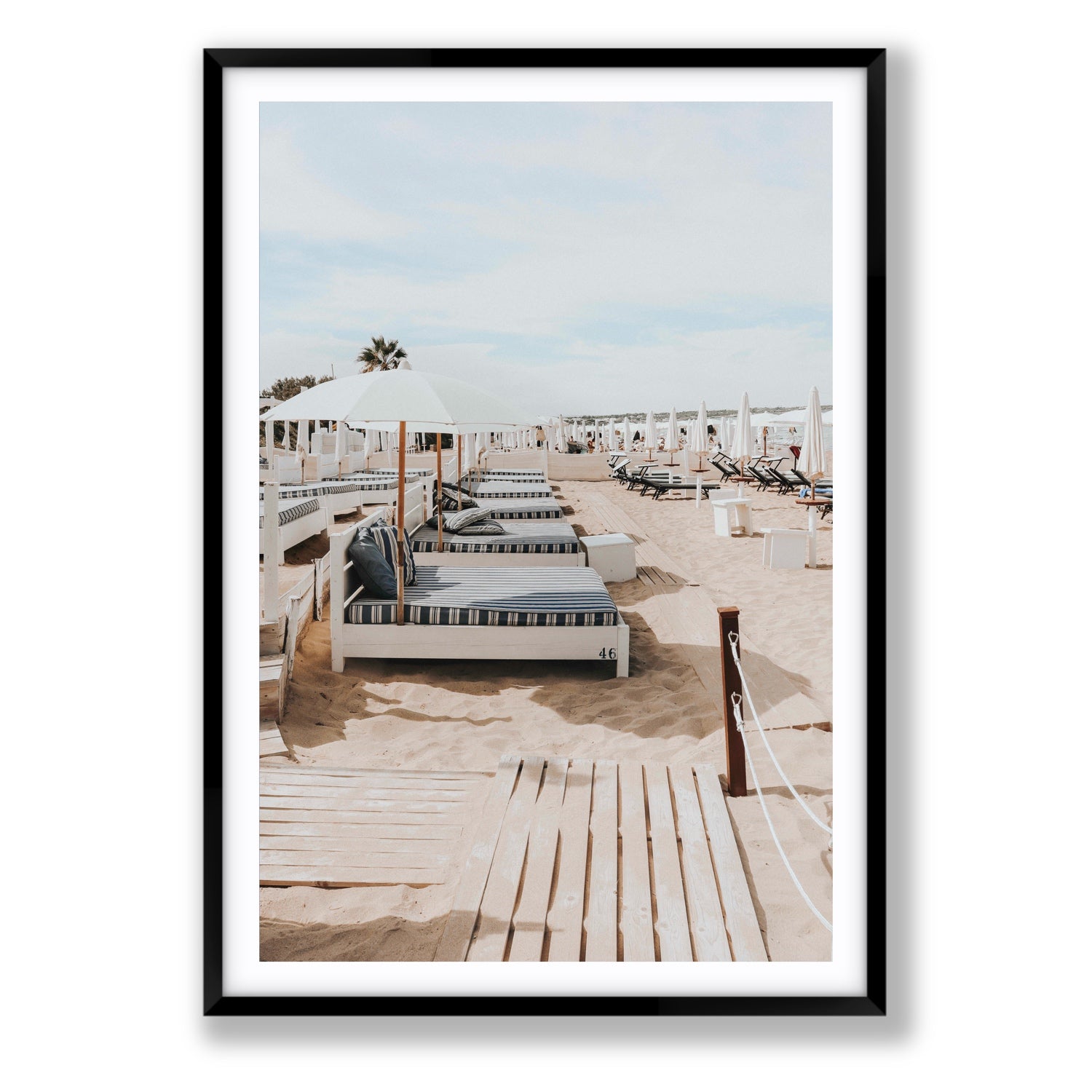 Coastal Repose Puglia beach Mediterranean fine art print Statement fine art print in black frame with matboard