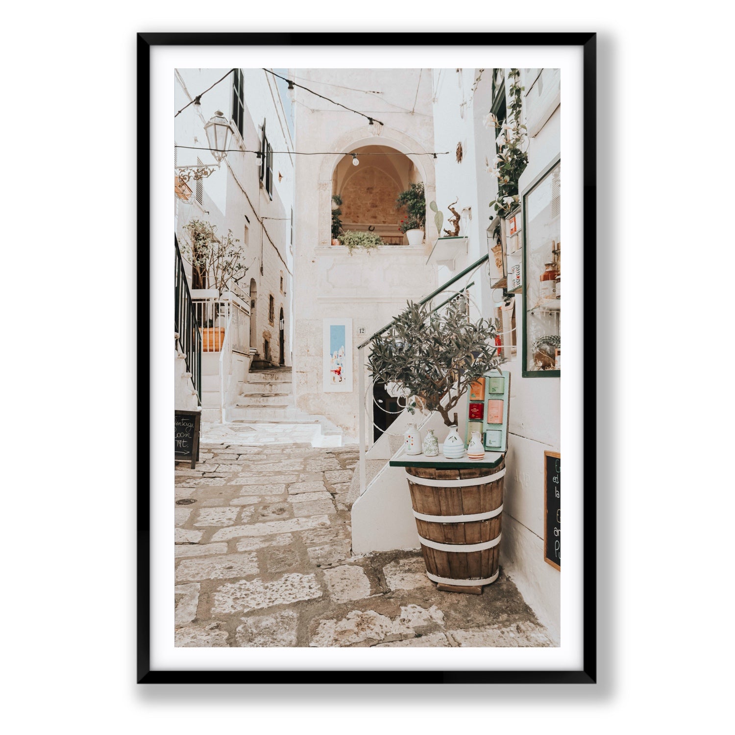 Olive Tree Lane Puglia Ostuni Mediterranean decor wall art Statement fine art print in black frame with matboard