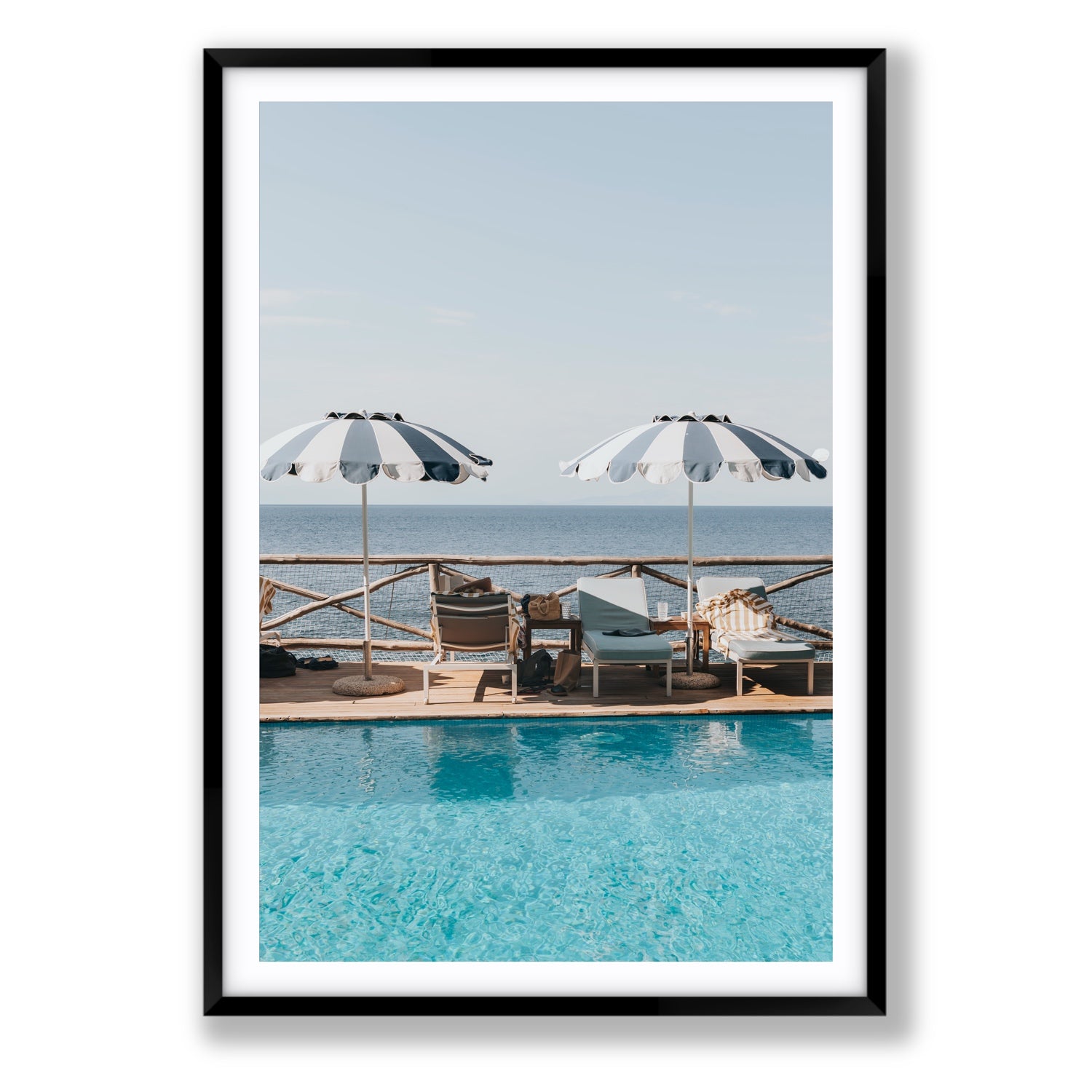 Beach Retreat fine art print, Ischia, Italy, european beach clubs artwork, Statement, Black Frame · Matboard, Fine Art Print