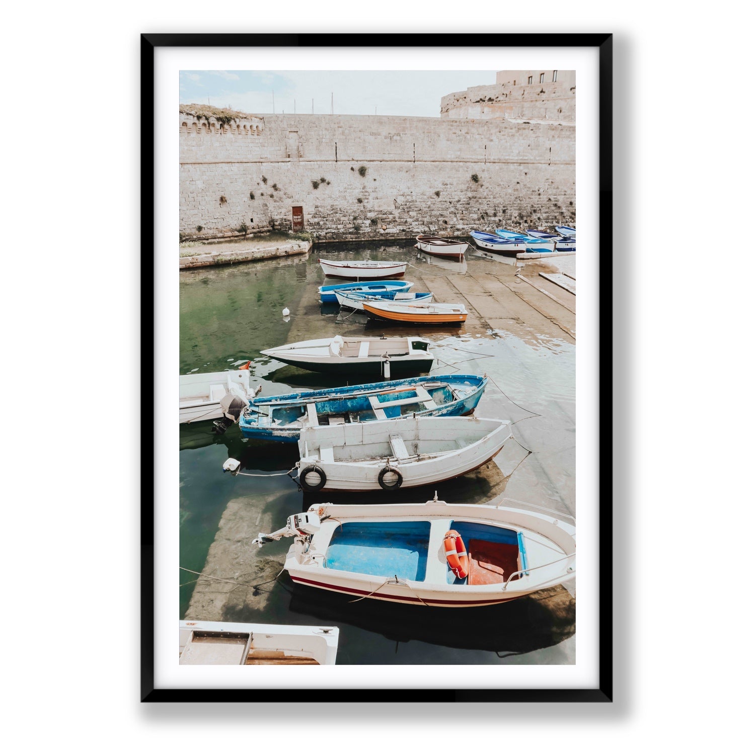 Harbour Palette Puglia coastal photography wall art Statement fine art print in black frame with matboard