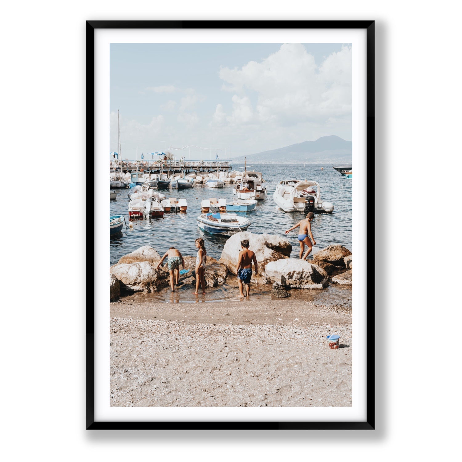 Searching For Treasures Sorrento coastal wall art Statement fine art print in black frame with matboard