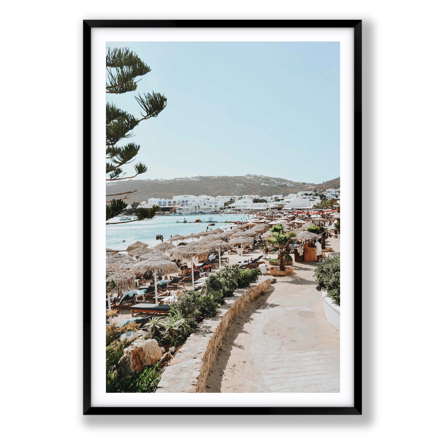 All Roads Lead To The Beach Mykonos Greek island wall art Statement fine art print in black frame with matboard