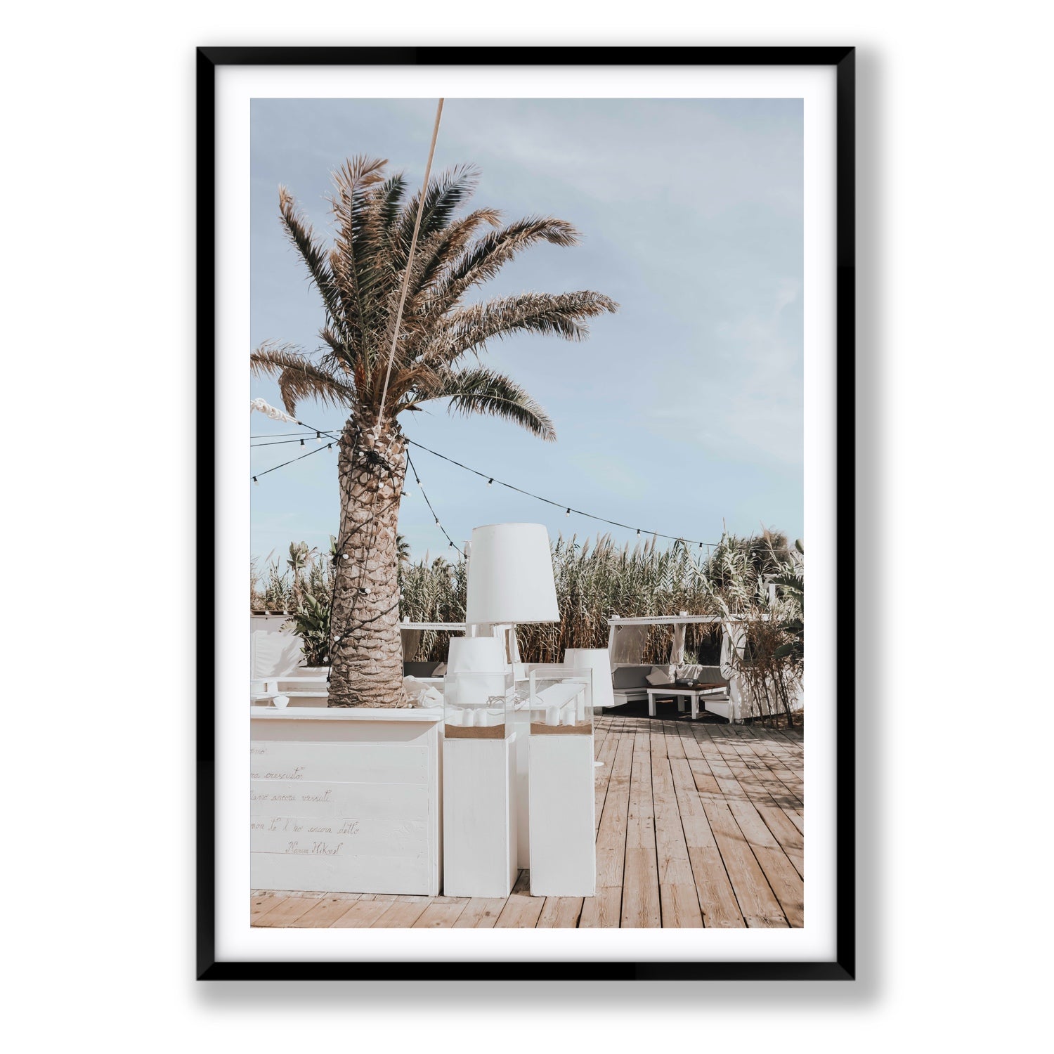 Seabreeze Palm Puglia coastal beach wall art Statement fine art print in black frame with matboard