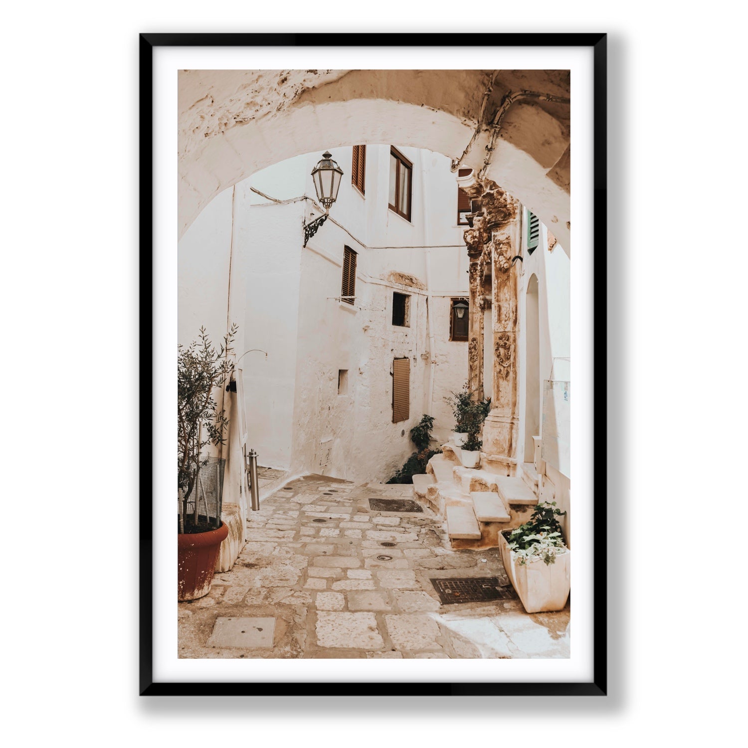 Pathway Wander Puglia Ostuni wall art Statement fine art print in black frame with matboard