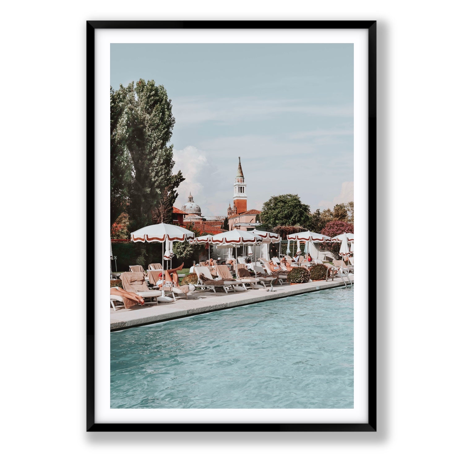 Poolside Perch Venice Italian wall art Statement fine art print in black frame with matboard