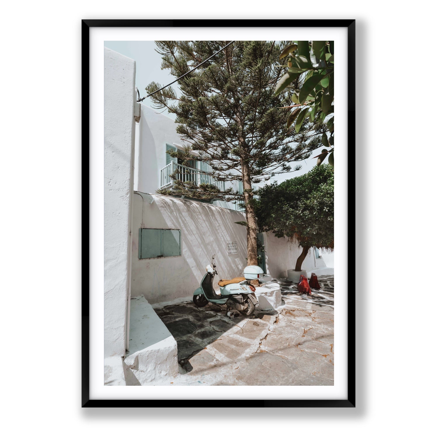 The Getaway Mykonos Mediterranean Greek island art print Statement fine art print in black frame with matboard