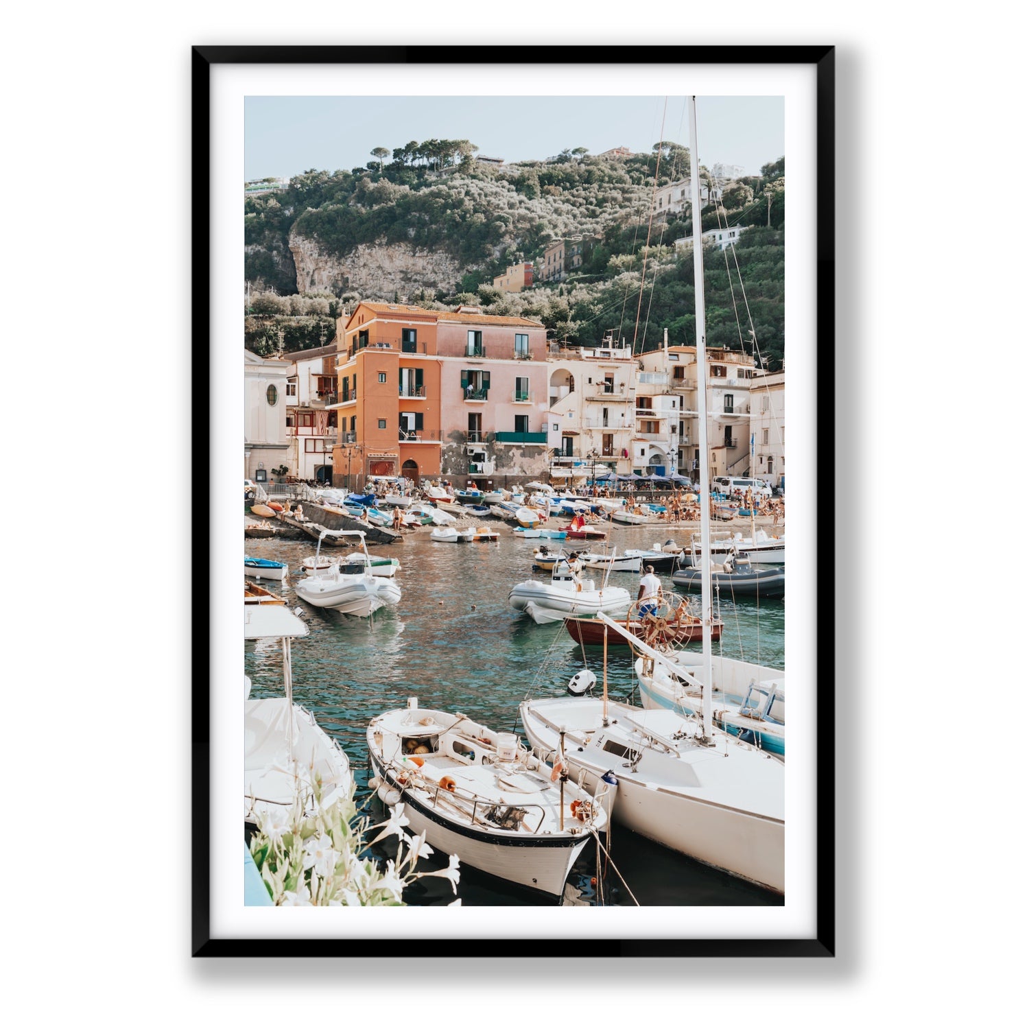 Marina Grande Sorrento coastal Italian wall art Statement fine art print in black frame with matboard