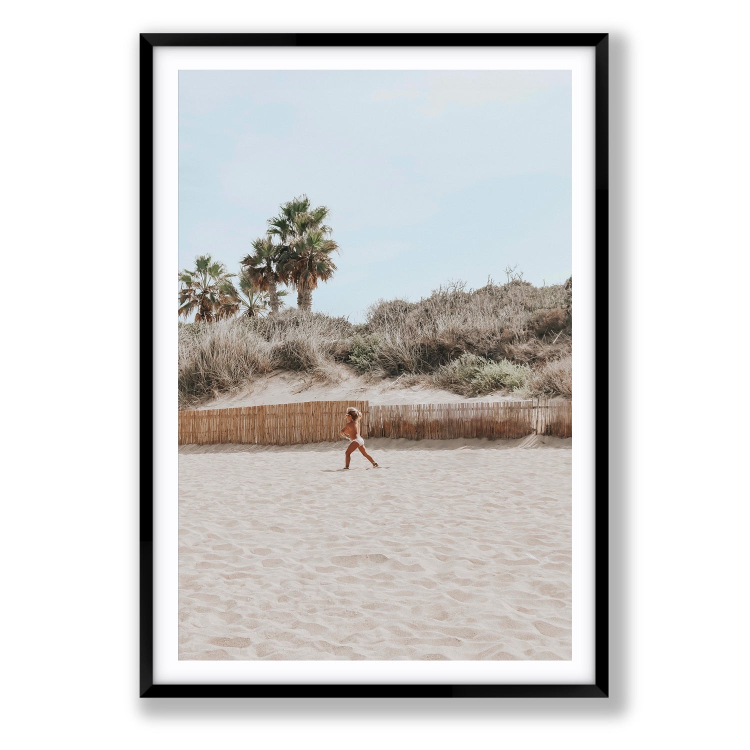 Joyful Sprint Puglia beach coastal fine art print Statement fine art print in black frame with matboard