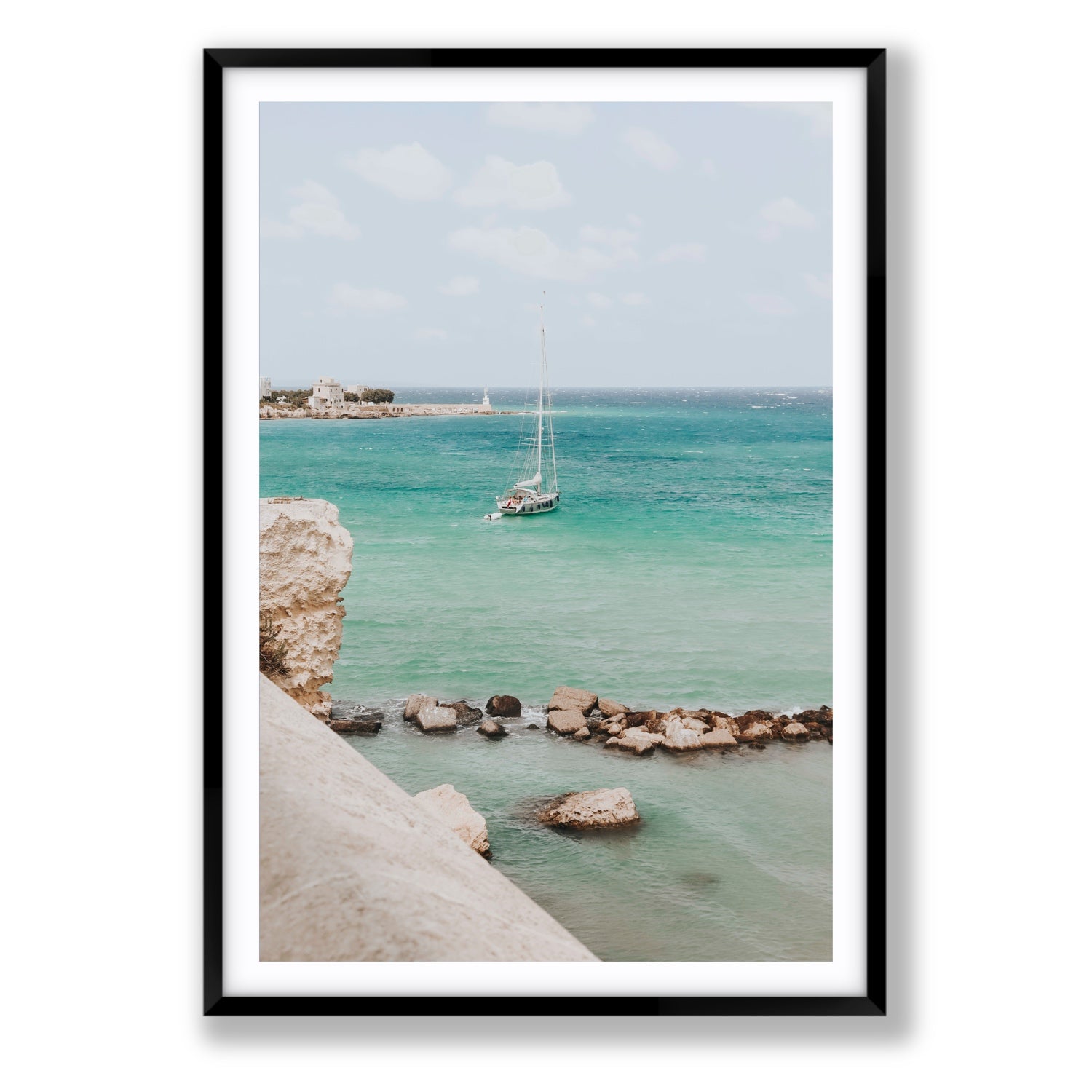 Seafarer's Dream Puglia Seafarer’s Dream coastal wall art Statement fine art print in black frame with matboard