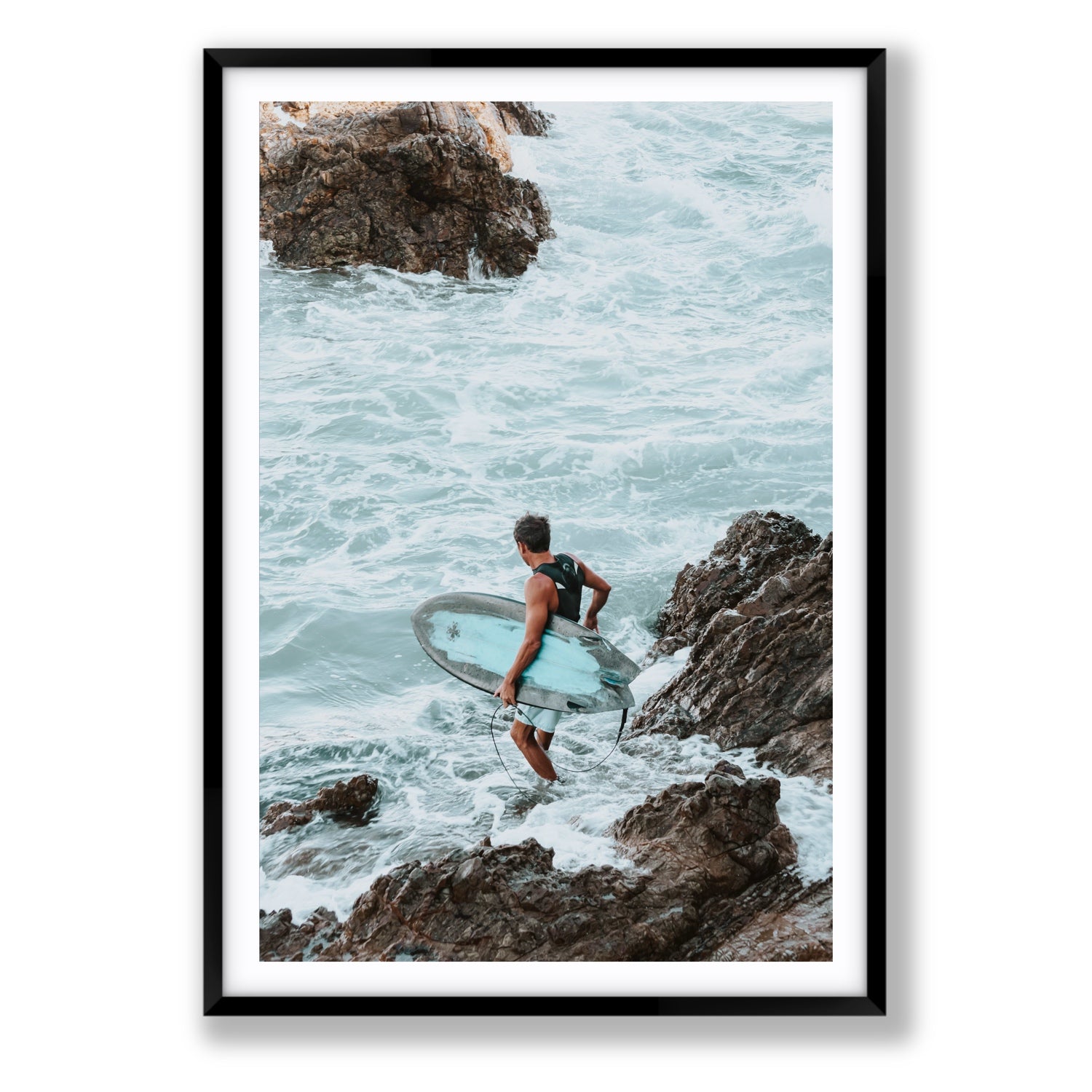 Into The Soup Byron Bay Surf coastal wall art Statement fine art print in black frame with matboard