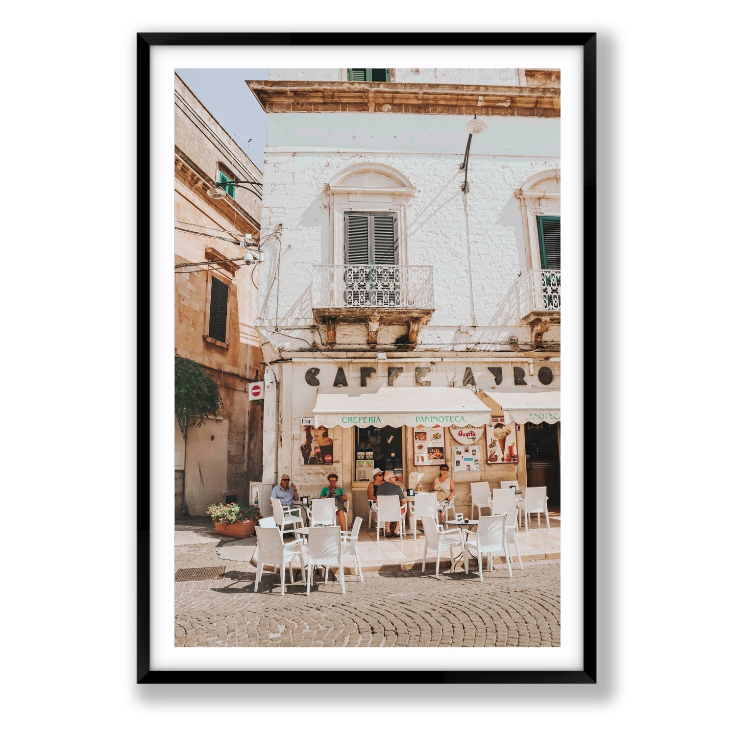 Cafe Ostuni Puglia Café Ostuni Italian wall art Statement fine art print in black frame with matboard