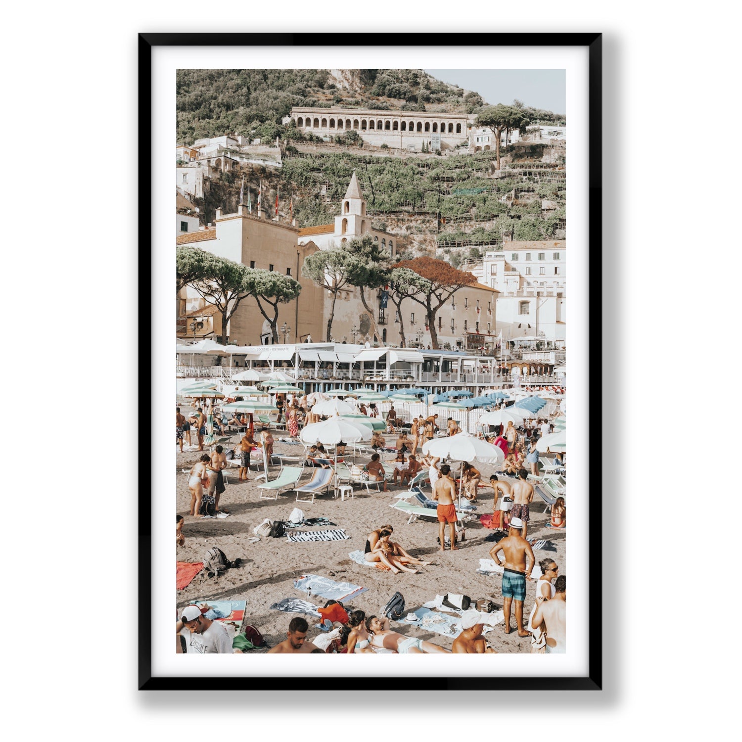 Festa In Spiaggia Amalfi coastal wall art Statement fine art print in black frame with matboard