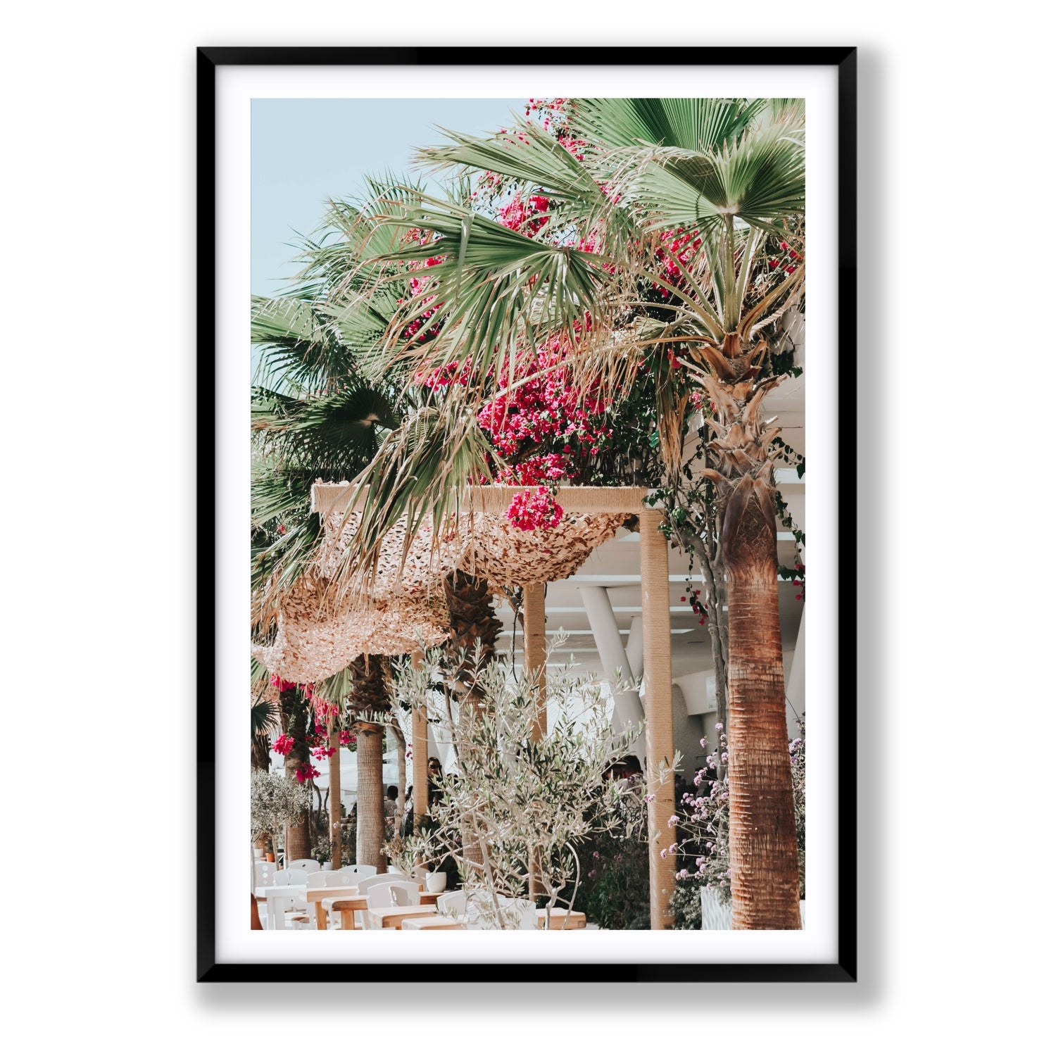 Palm Trees Mykonos Greek island wall art Statement fine art print in black frame with matboard