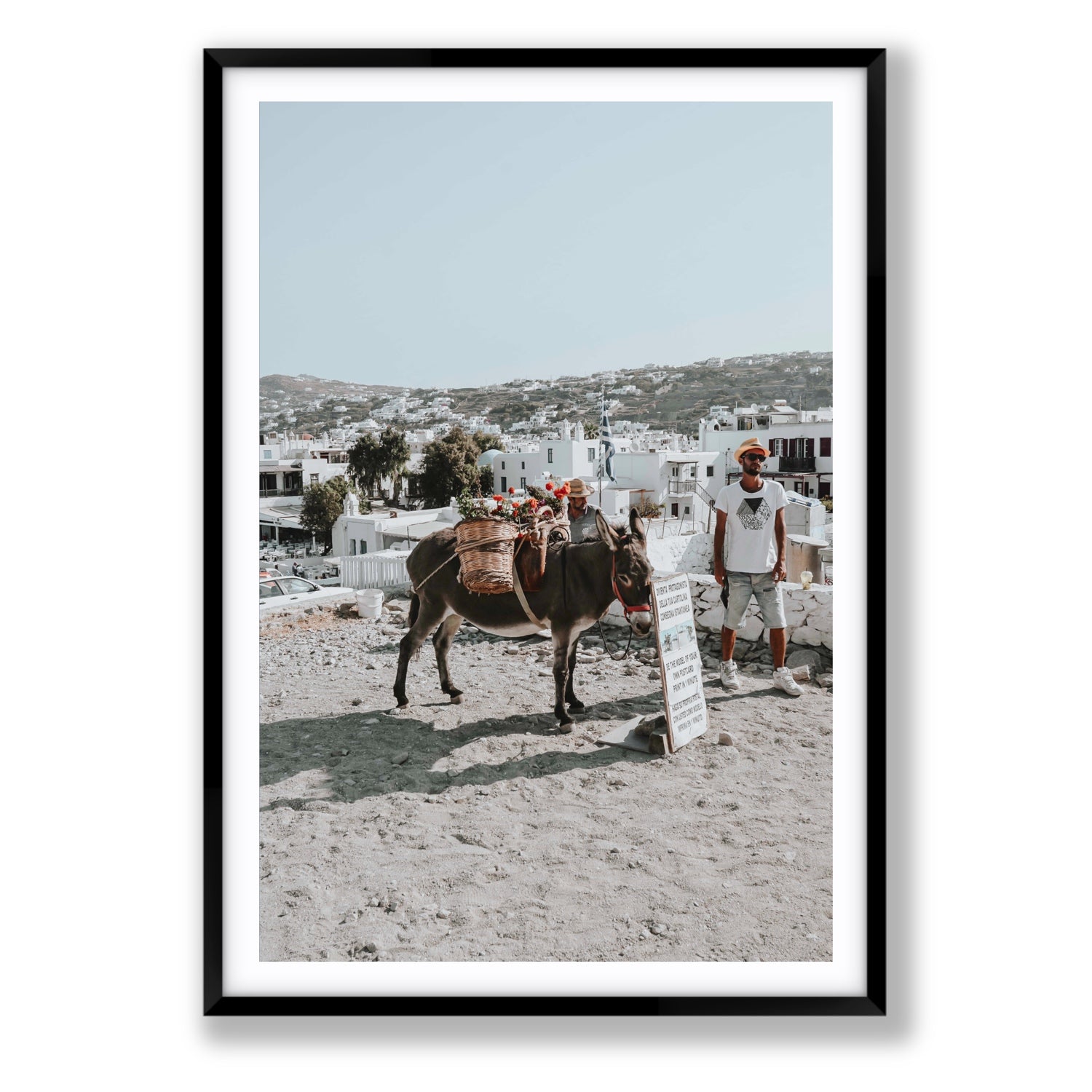 Let The Journey Begin Mykonos Greek island wall art Statement fine art print in black frame with matboard